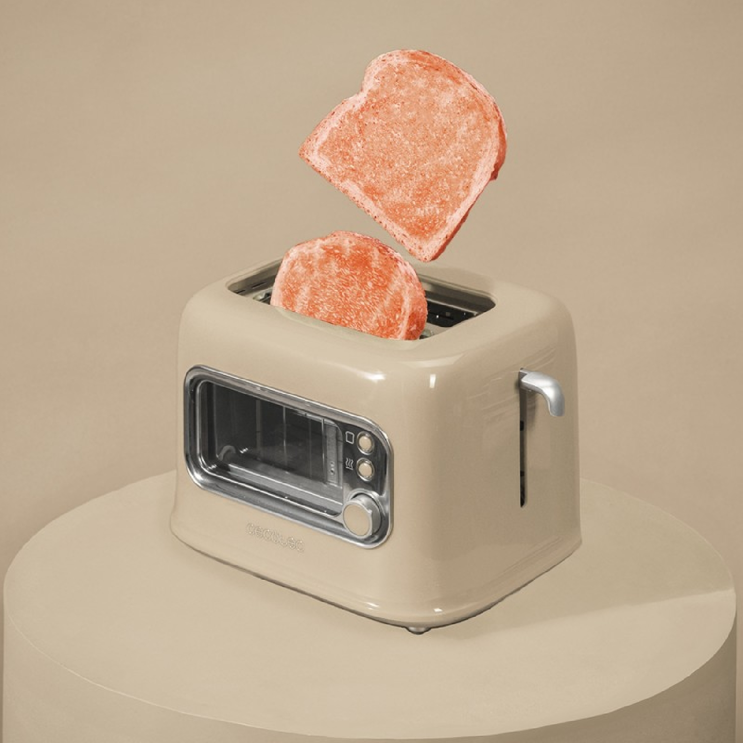 Ein beiger Retro-Toaster mit zwei herausspringenden Toastscheiben.