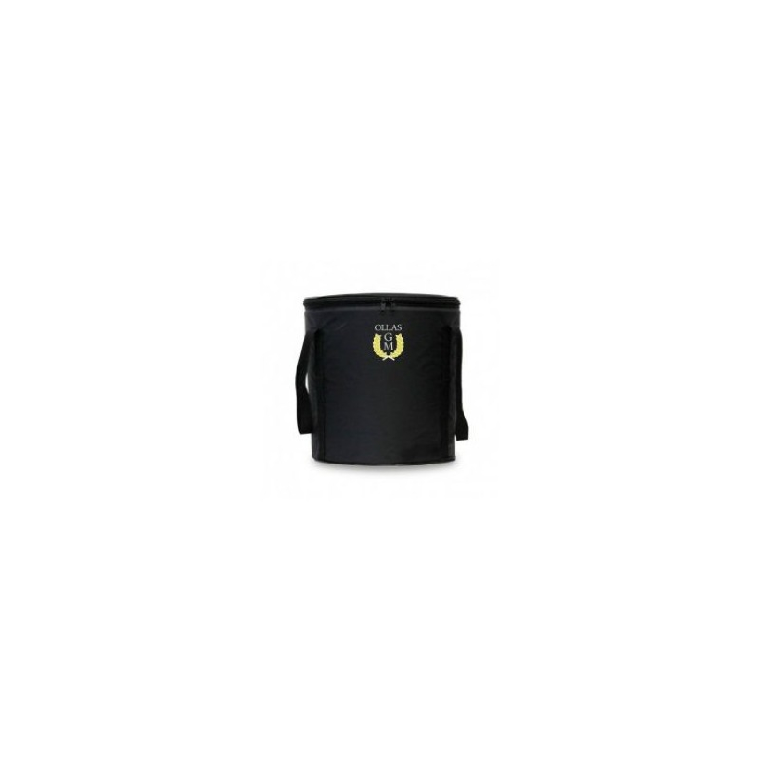 Una bolsa cilíndrica negra con asas. Tiene un logo dorado en la parte delantera.