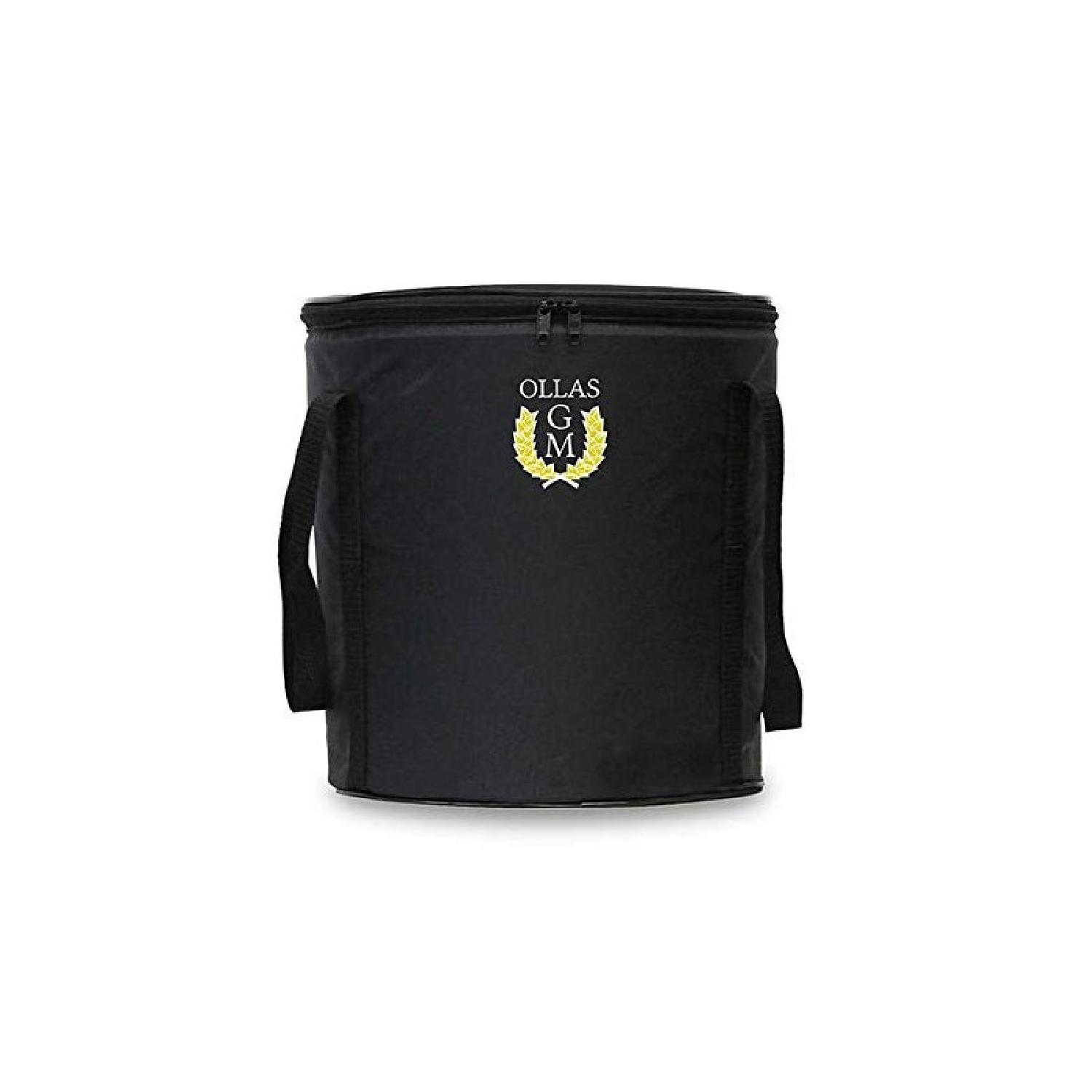 Bolsa nevera negra con asas, cremallera y logo. Fondo blanco.
