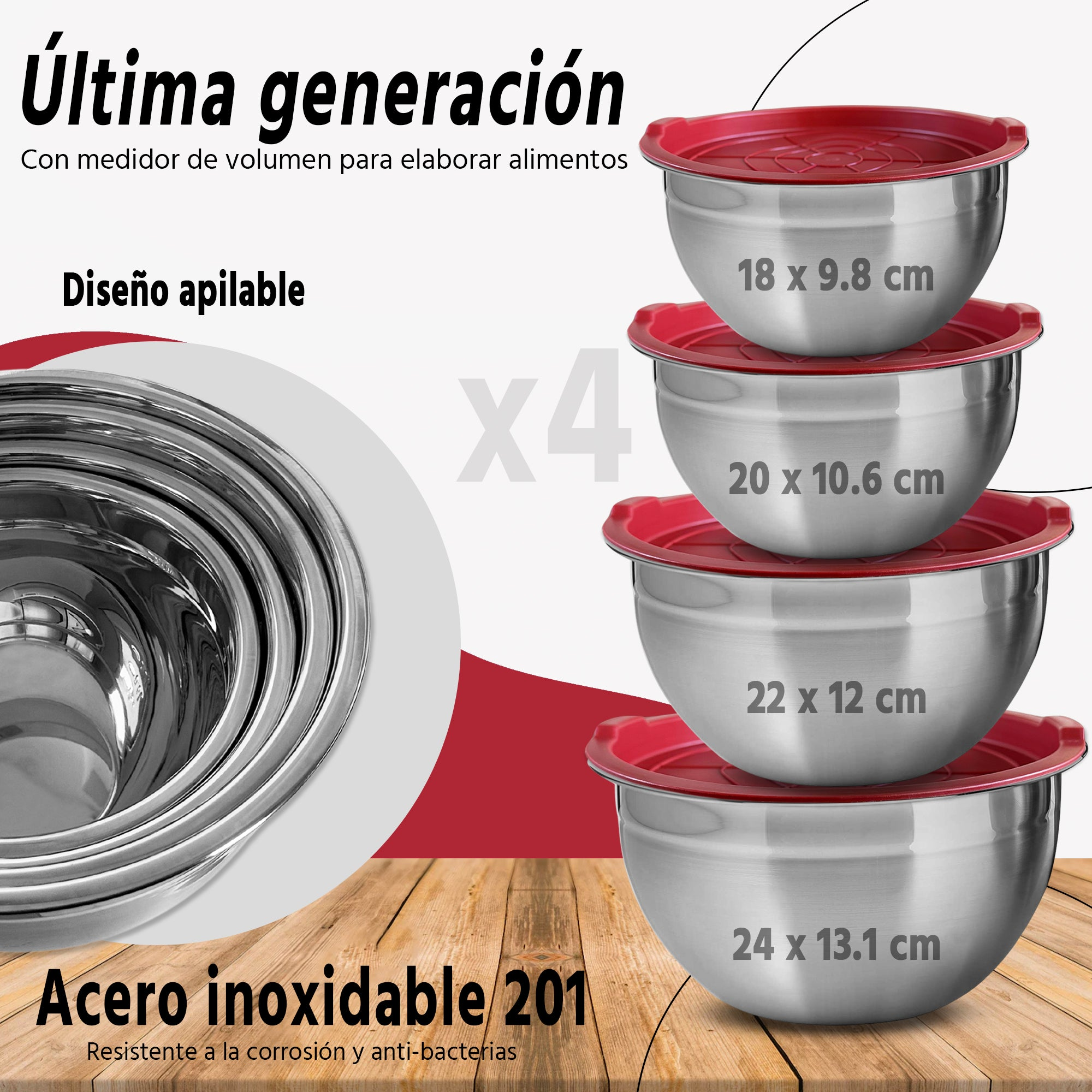 Cuencos de acero inoxidable con tapas rojas. Apilados, tamaños etiquetados. Texto: 'Acero inoxidable 201'.