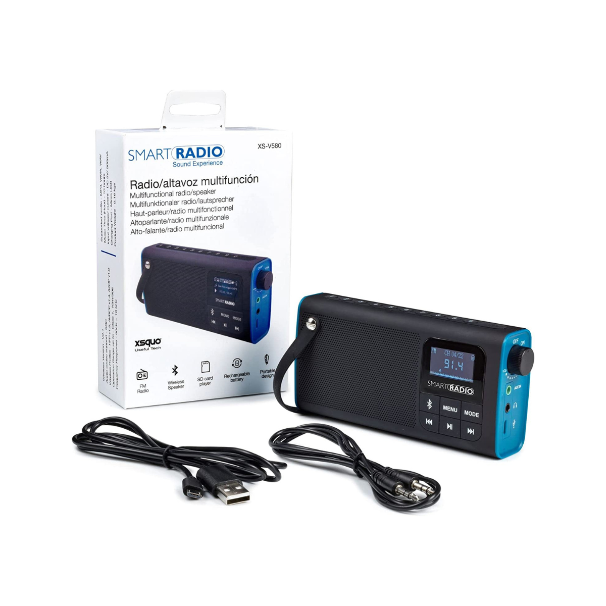 Una radio negra y azul con una caja, cables y un cable USB. Pantalla y botones en la radio.
