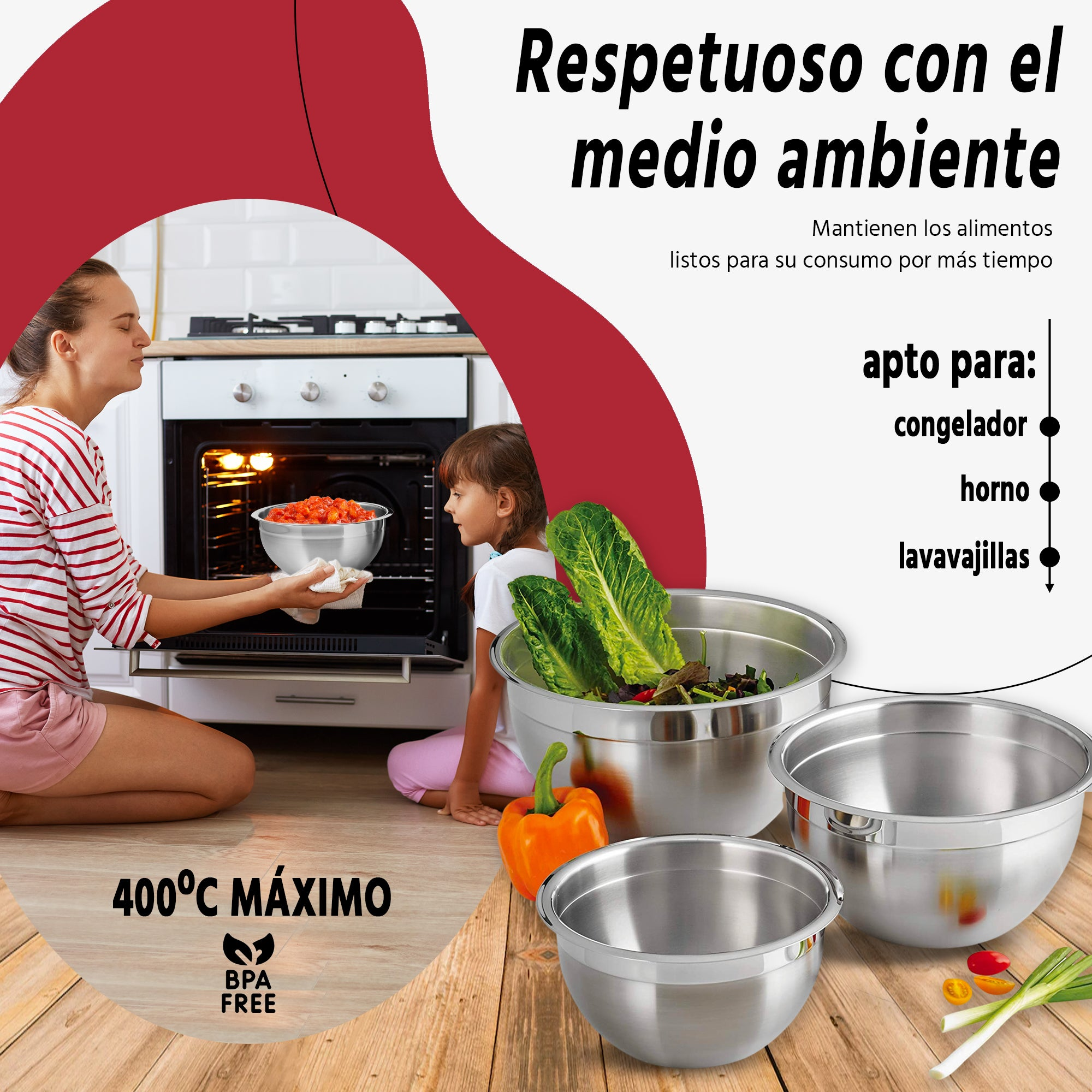 Mujer y niña cerca del horno. Cuencos de acero inoxidable. Texto sobre alimentos.