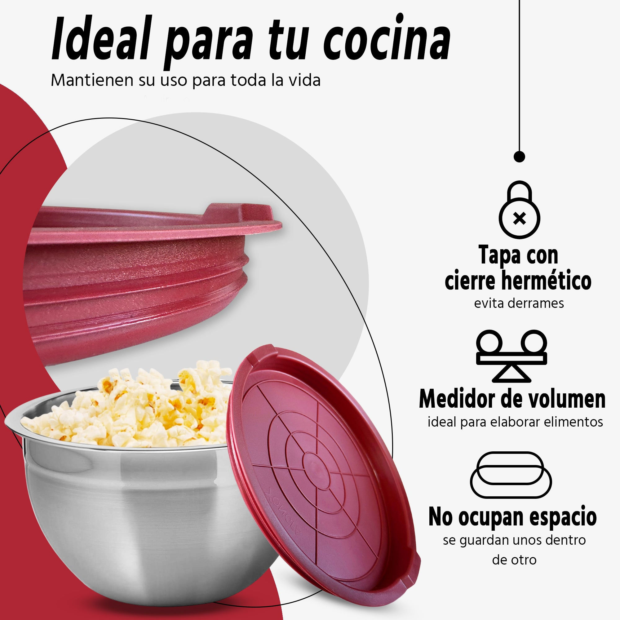 Piezas de máquina de palomitas, con tapa roja y cuenco de acero inoxidable, con texto.