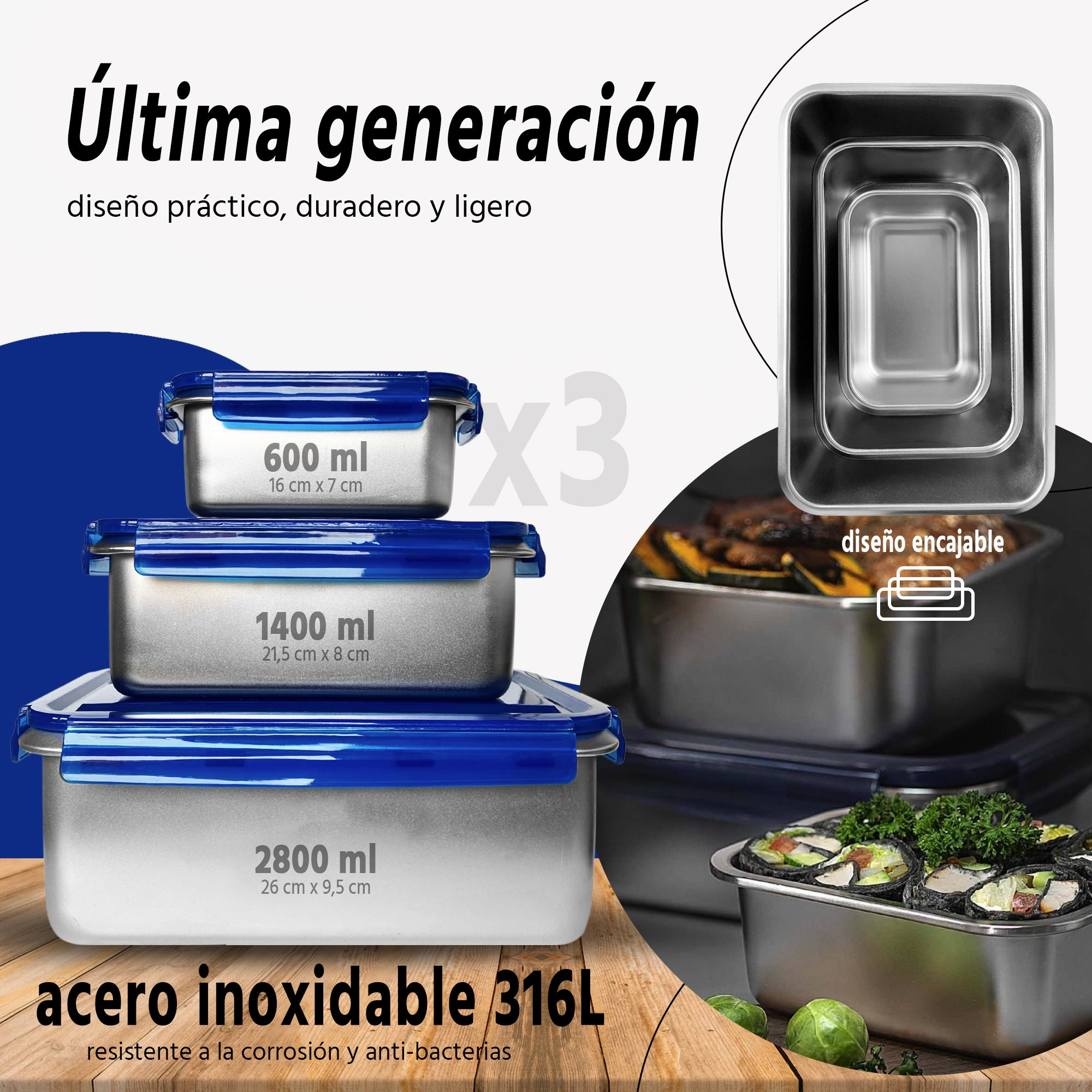 Contenedores de acero inoxidable con tapas azules, apilados. Texto: 'Última generación' y detalles de capacidad.
