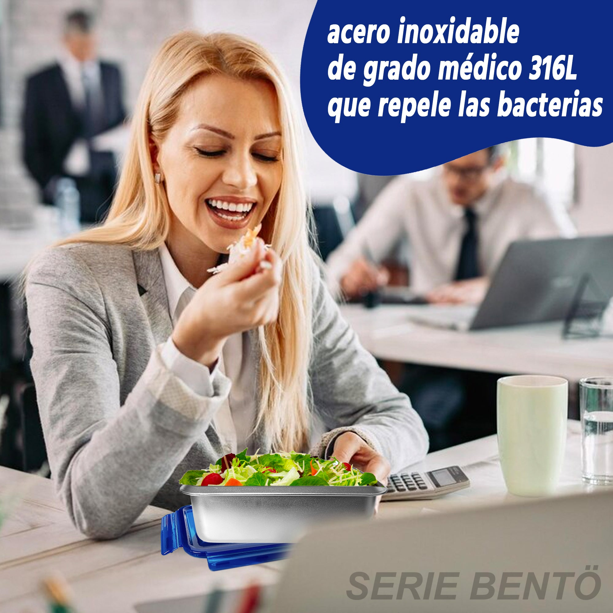 Una mujer come de una fiambrera, con texto sobre acero inoxidable y resistencia a bacterias.