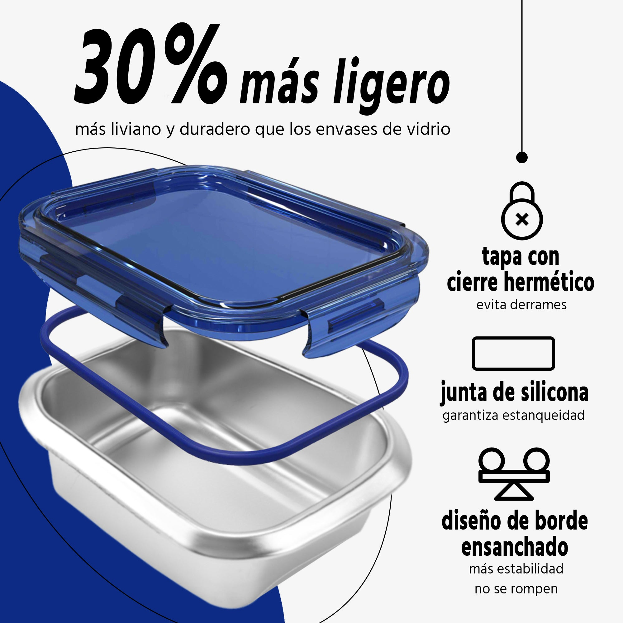Un contenedor azul con tapa azul, borde blanco y texto que describe las características del contenedor en español.