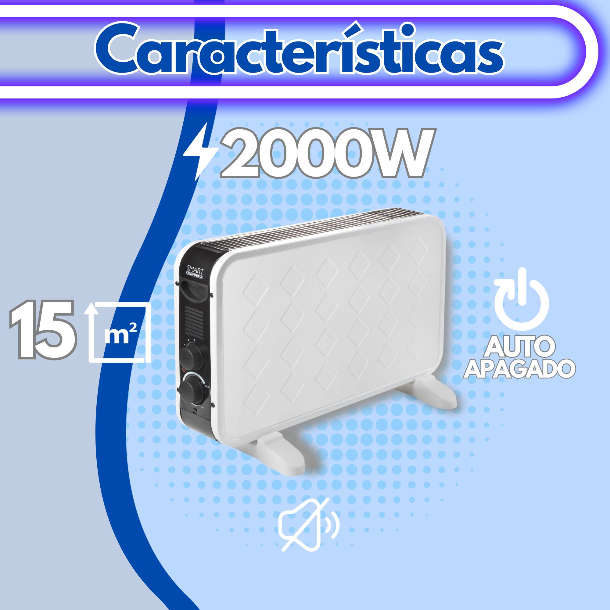 Calentador blanco con texto. Fondo azul con elementos.