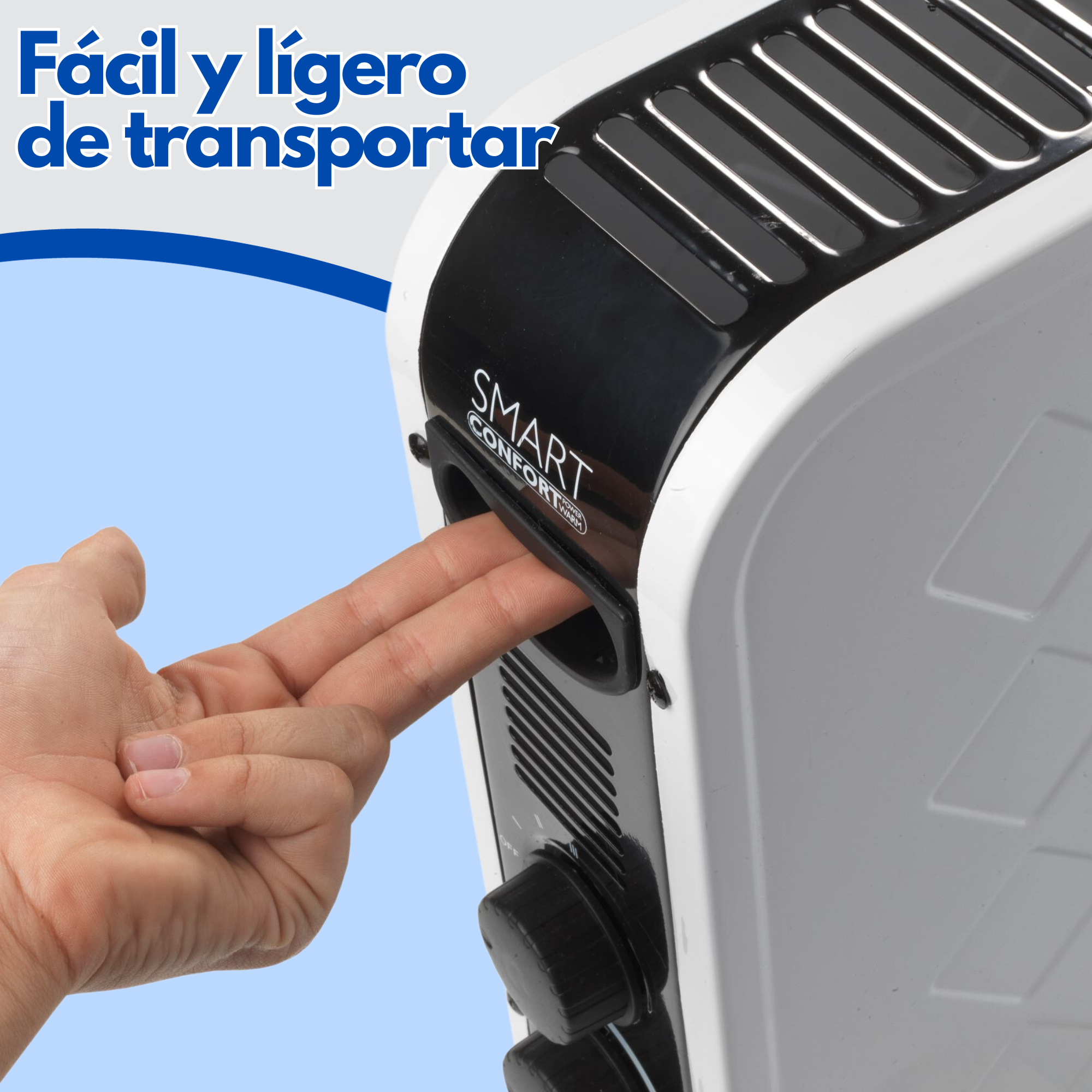 La mano de una persona toca un dispositivo blanco y negro. El texto dice 'Fácil de transportar'.