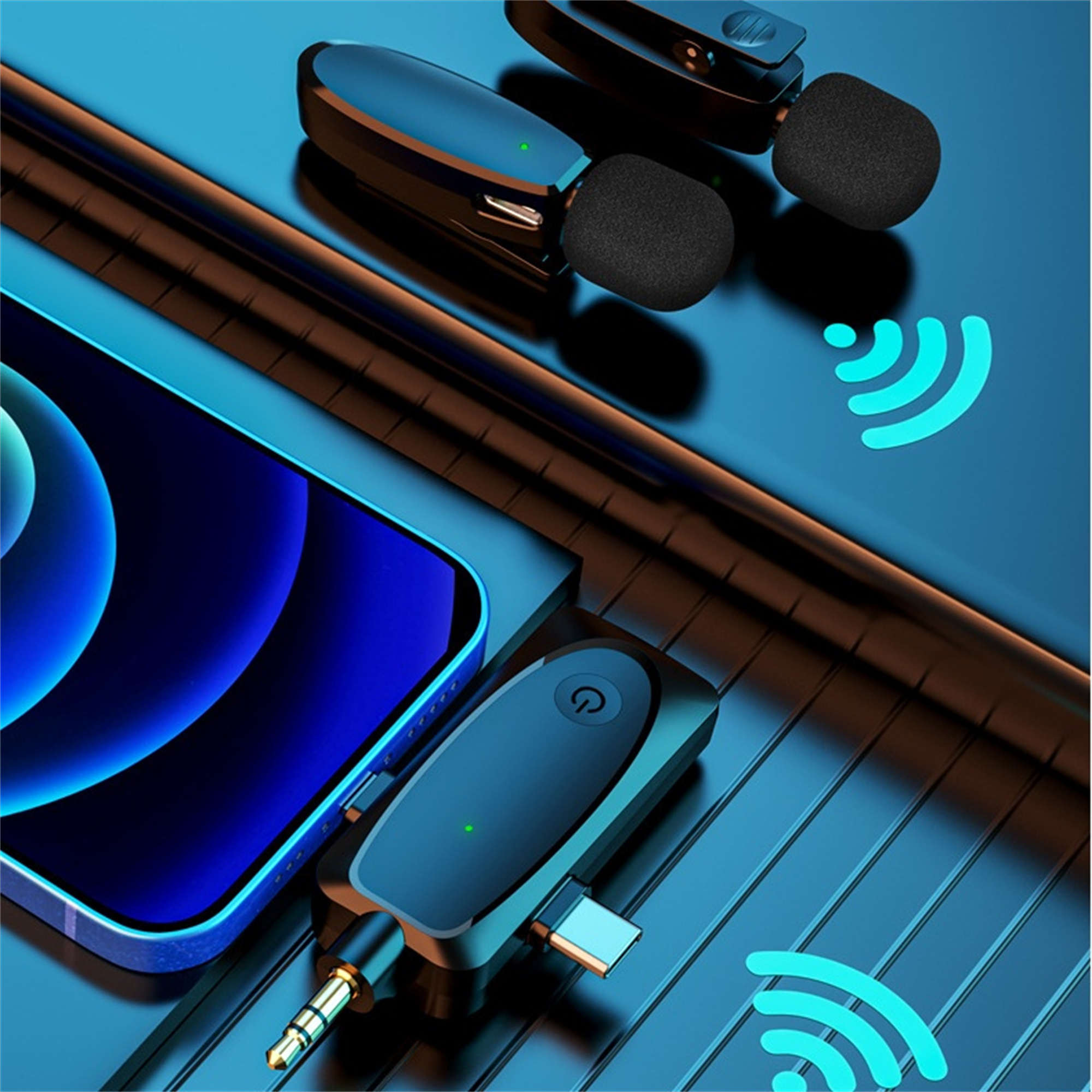 Kabelloses Mikrofon-Set und ein Smartphone. Das Set ist blau und schwarz, mit einem Verbindungskabel.
