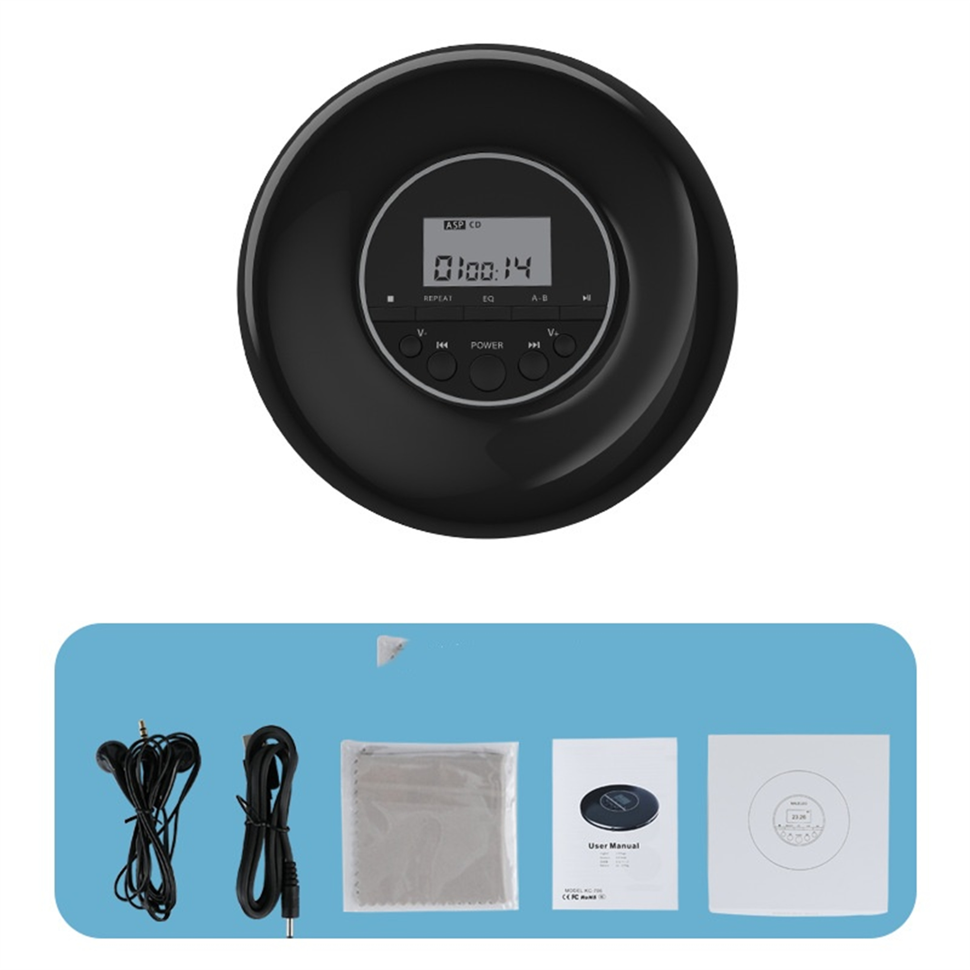 Schwarzer tragbarer CD-Player mit Zubehör wie Kopfhörern und Reinigungstuch.