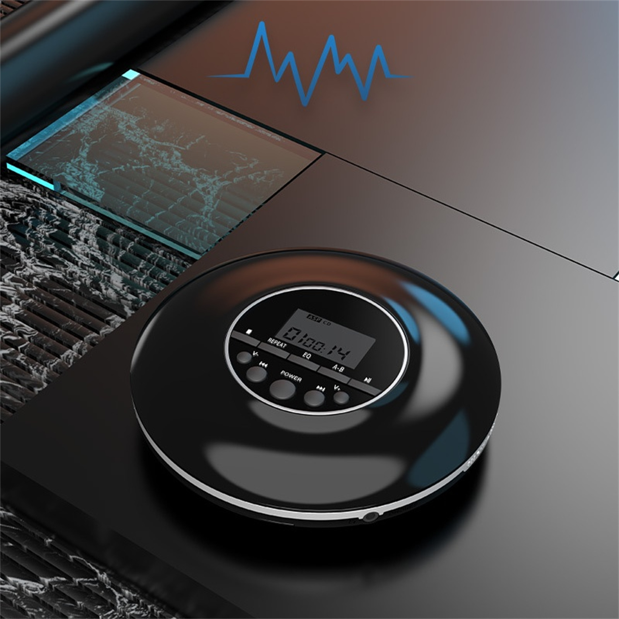 Ein schwarzer CD-Player auf schwarzer Oberfläche, mit digitaler Anzeige. Oben eine blaue Schallwelle.