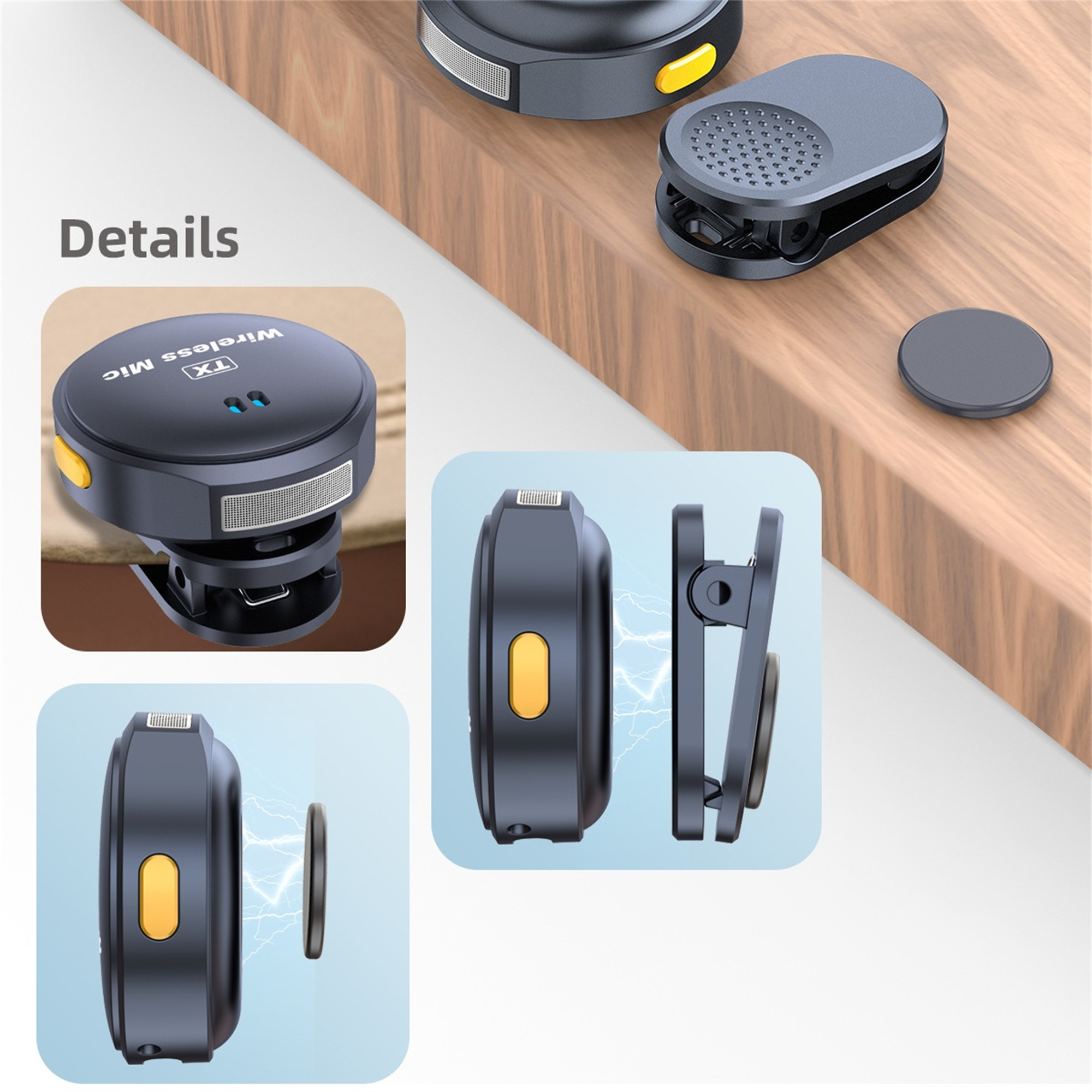 Details eines schwarzen, kabellosen Mikrofons mit gelben Akzenten und einem magnetischen Clip.