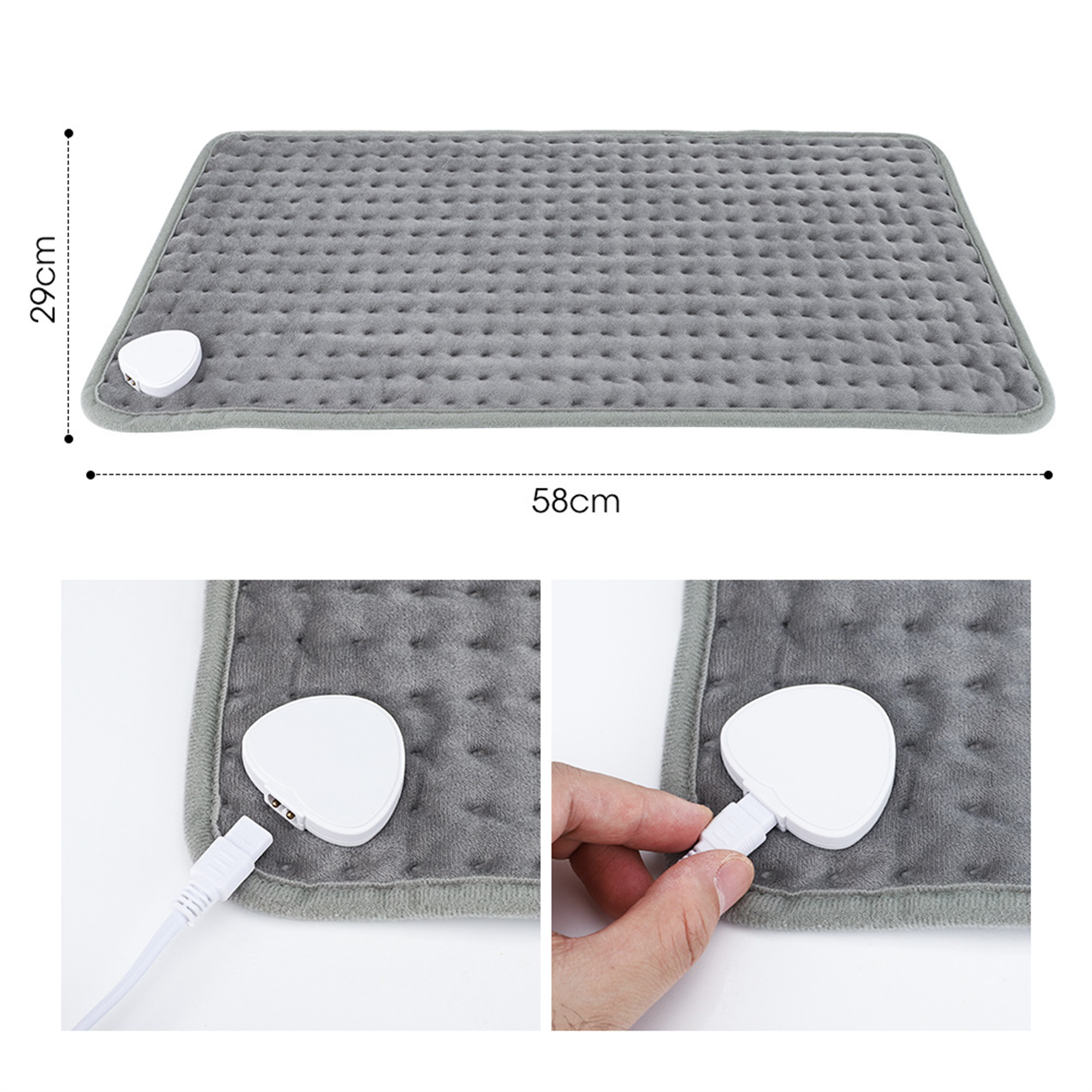Graues Heizkissen mit Abmessungen und Nahaufnahmen des Netzsteckers und Anschlusses. Weißer Controller an der Seite.