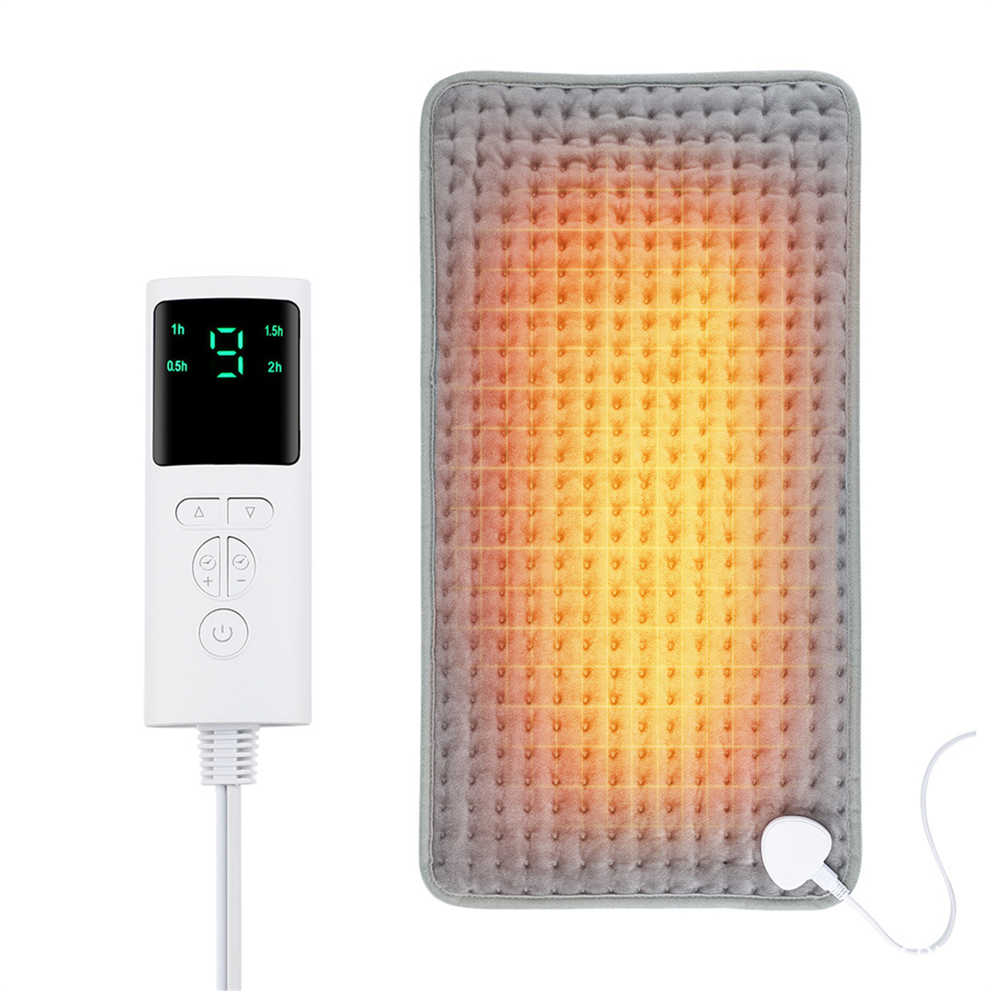 Graues Heizkissen mit weißem Bedienfeld. Das Pad hat einen leuchtend orangefarbenen Bereich. Weißer Hintergrund.
