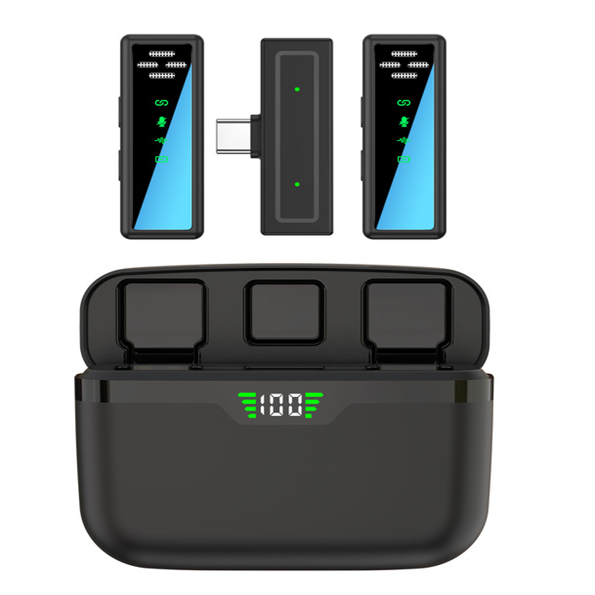 Drei drahtlose Mikrofonkomponenten und ein Ladekoffer. Der Koffer hat eine 100 % Ladeanzeige.