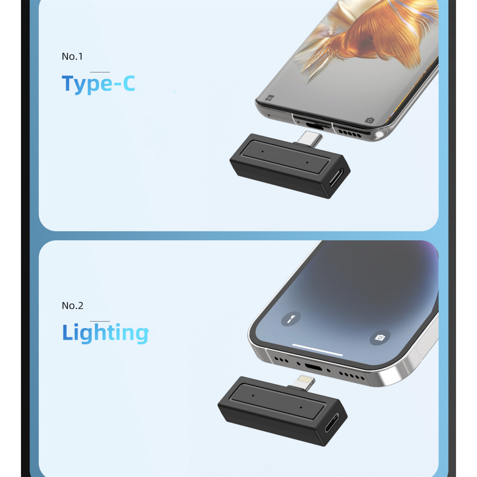 Zwei schwarze Adapter für Telefone: Typ-C- und Lightning-Anschlüsse, neben zwei verschiedenen Telefonen.