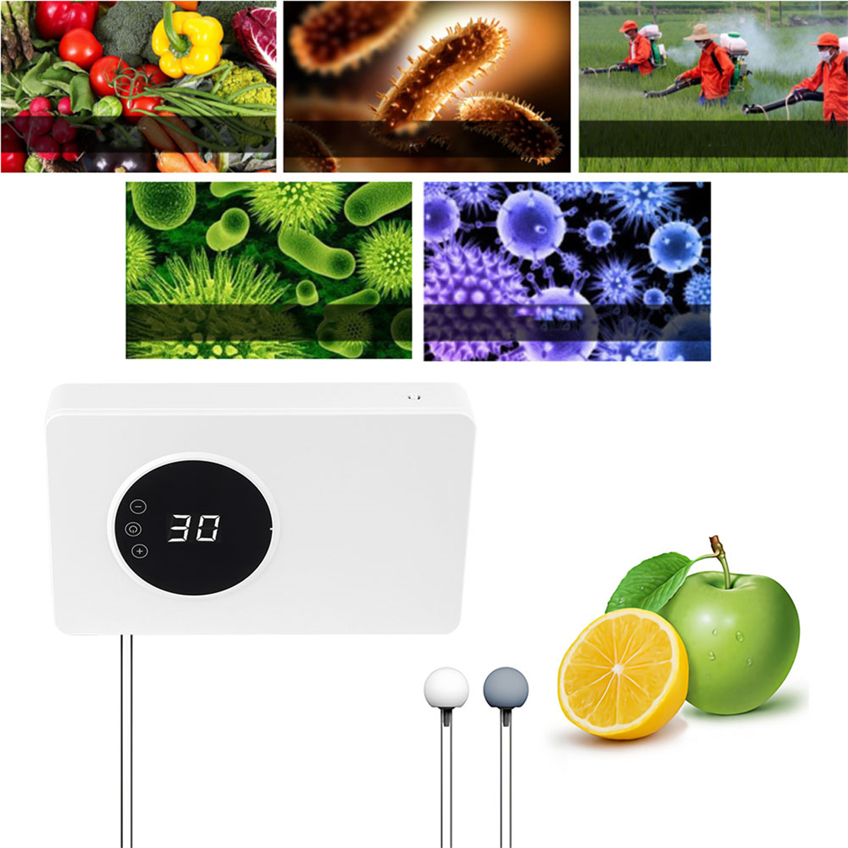 Collage aus Gemüse, Keimen, Feldspritzern und UV-Sterilisator mit Obst.