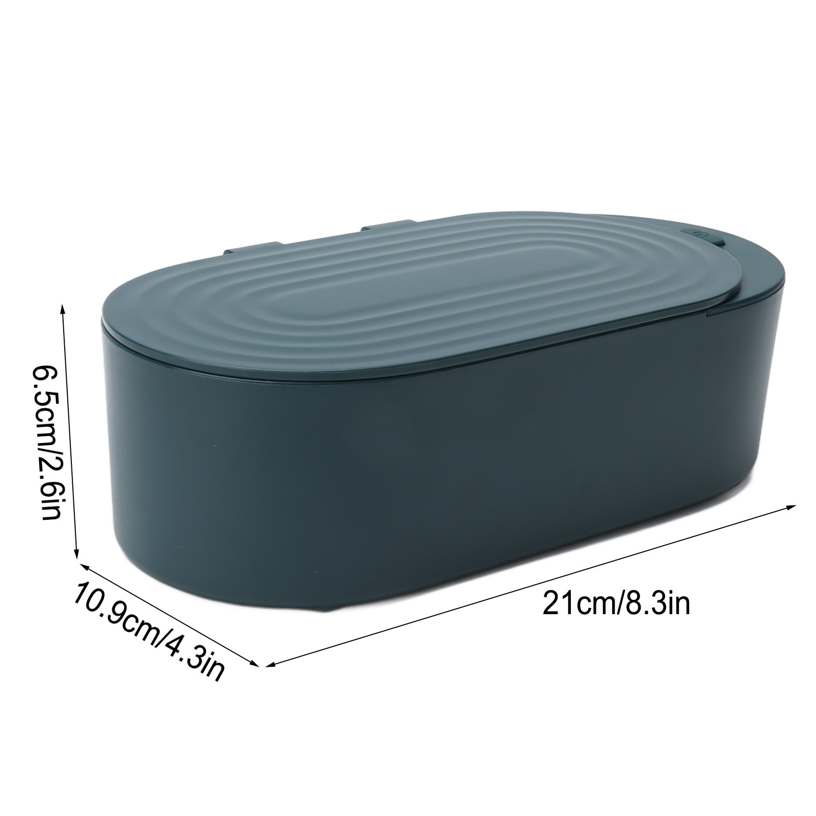 Eine teal-farbene Aufbewahrungsbox mit den Maßen 21cm/8,3in und 6,5cm/2,6in.
