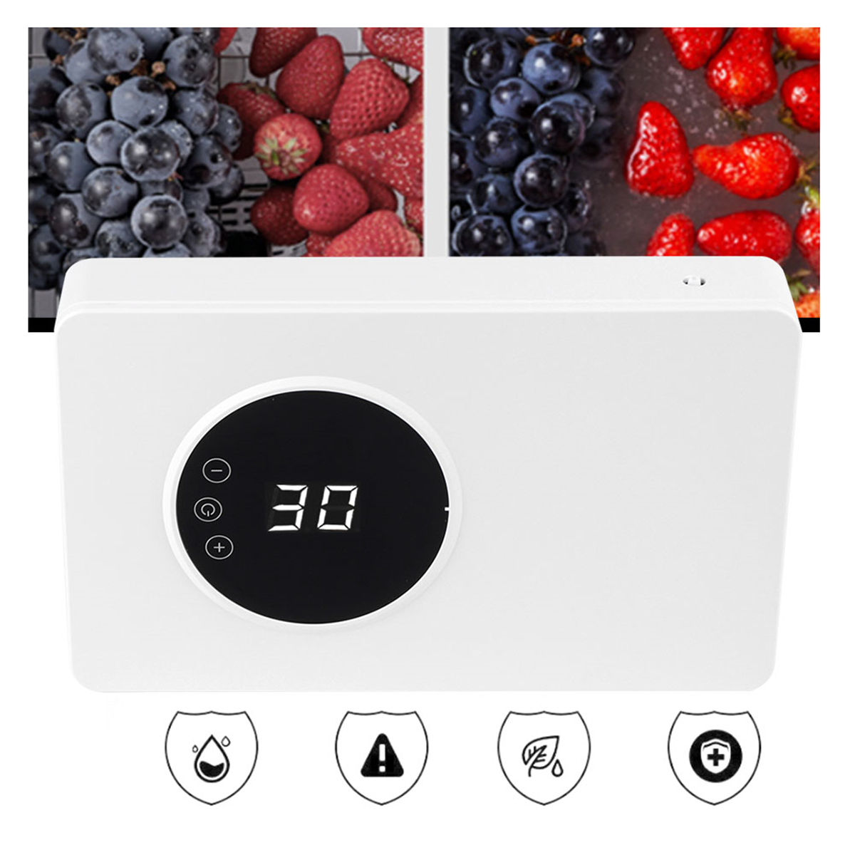 Weißes Gerät mit Digitalanzeige, zeigt '30'. Oben Trauben und Erdbeeren. Symbole darunter.