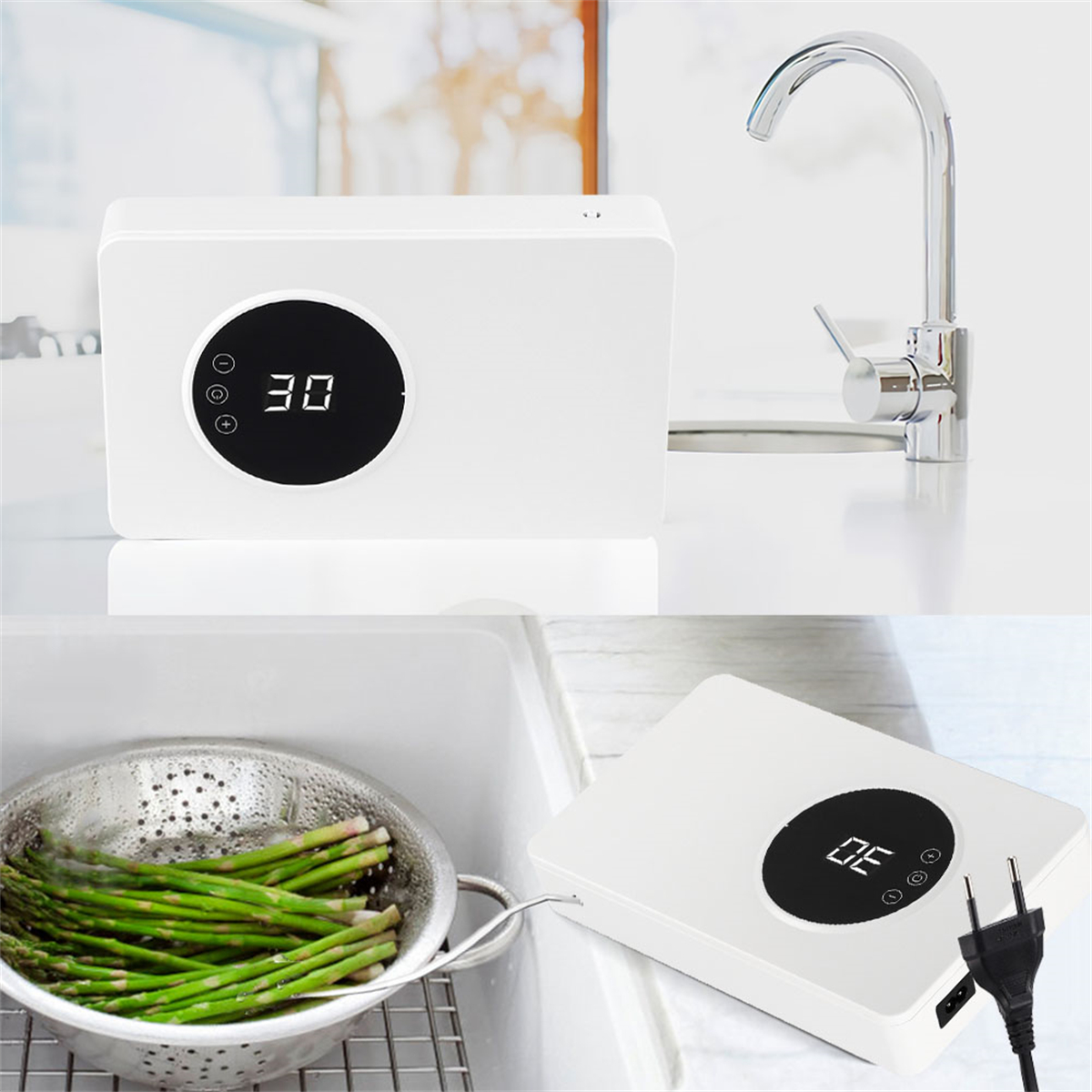 Weißes Gerät mit Digitalanzeige, Wasserhahn und einem Sieb mit Spargel.