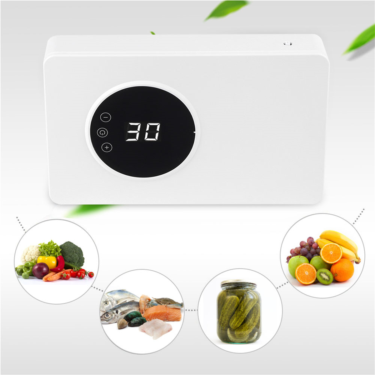Ein weißes Gerät mit Display, das '30' zeigt. Lebensmittel drumherum: Gemüse, Fisch und Obst.