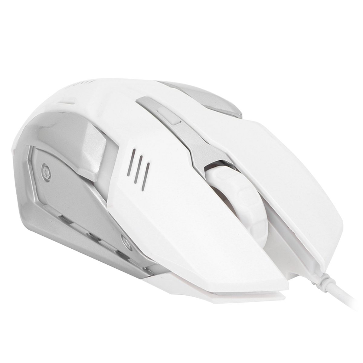 Weiße und graue Gaming-Maus mit Kabel.