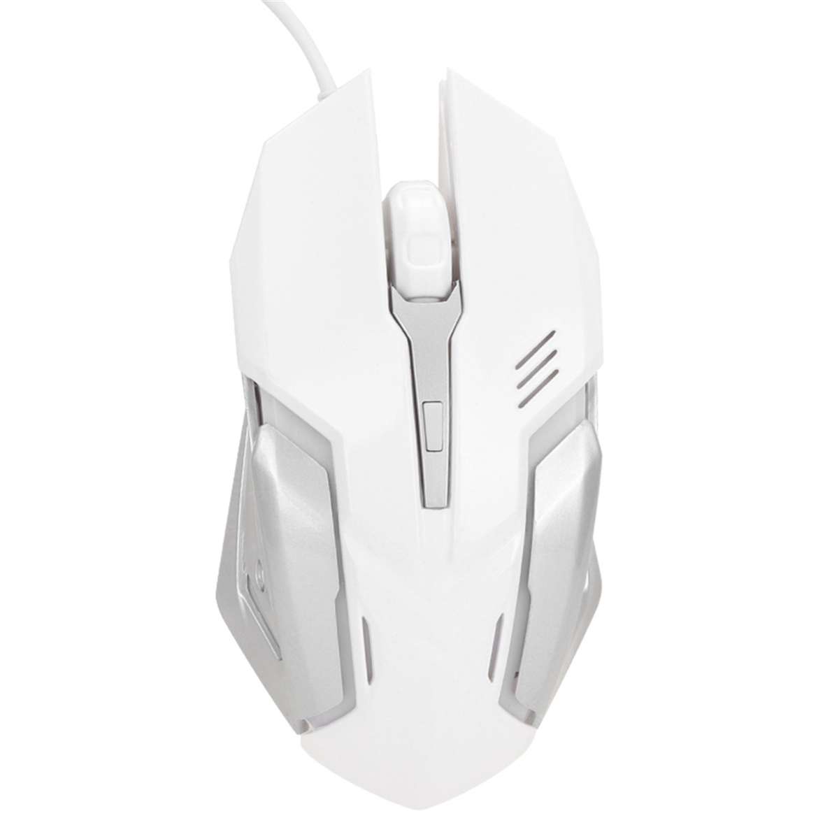 Weiße Gaming-Maus mit silbernen Akzenten. Draufsicht mit Kabel.