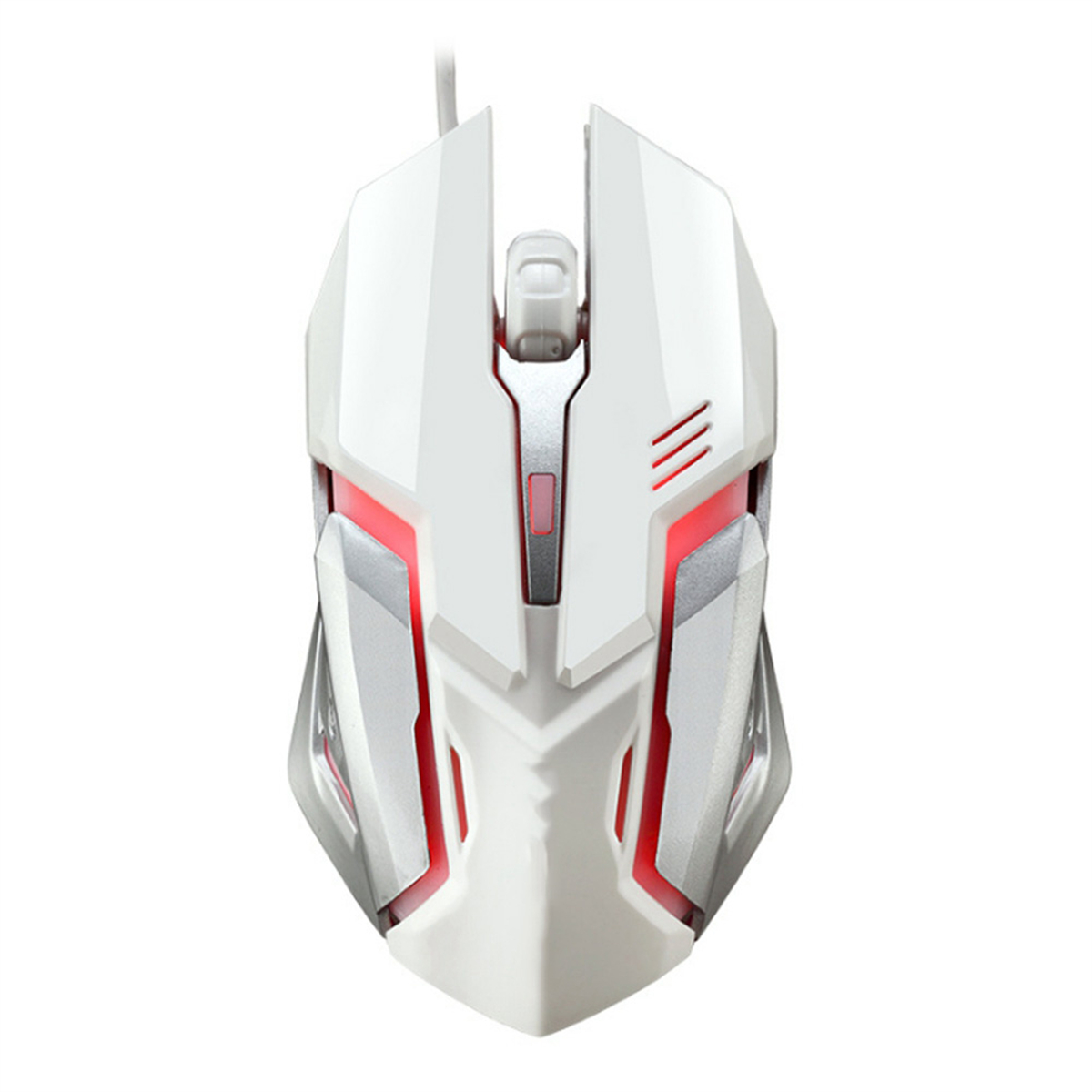 Weisse und rote Gaming-Maus. Sie hat spitze Winkel und ein Scrollrad. Weisser Hintergrund.