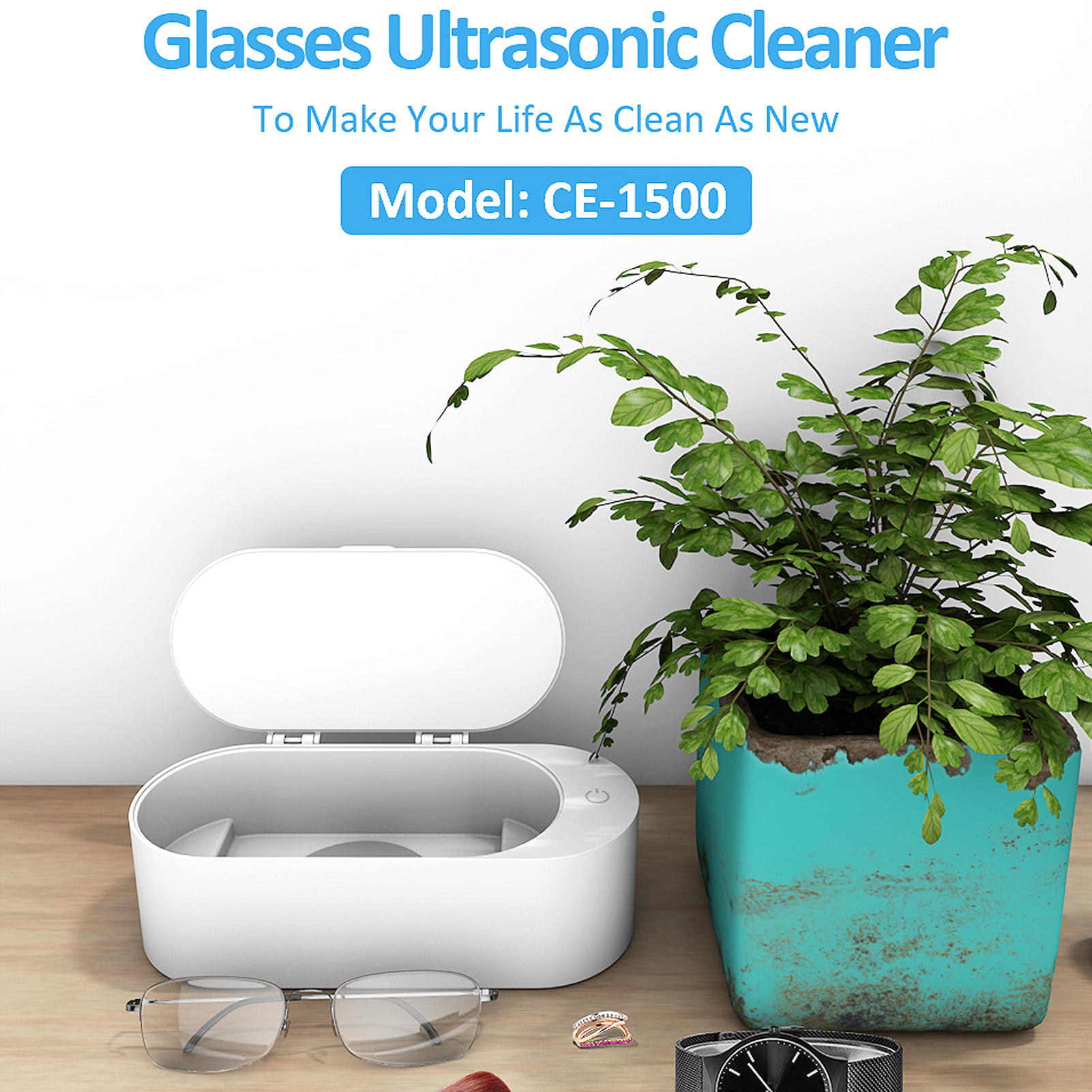 Weißer Ultraschallreiniger mit Brille und Pflanze, weißer Hintergrund.