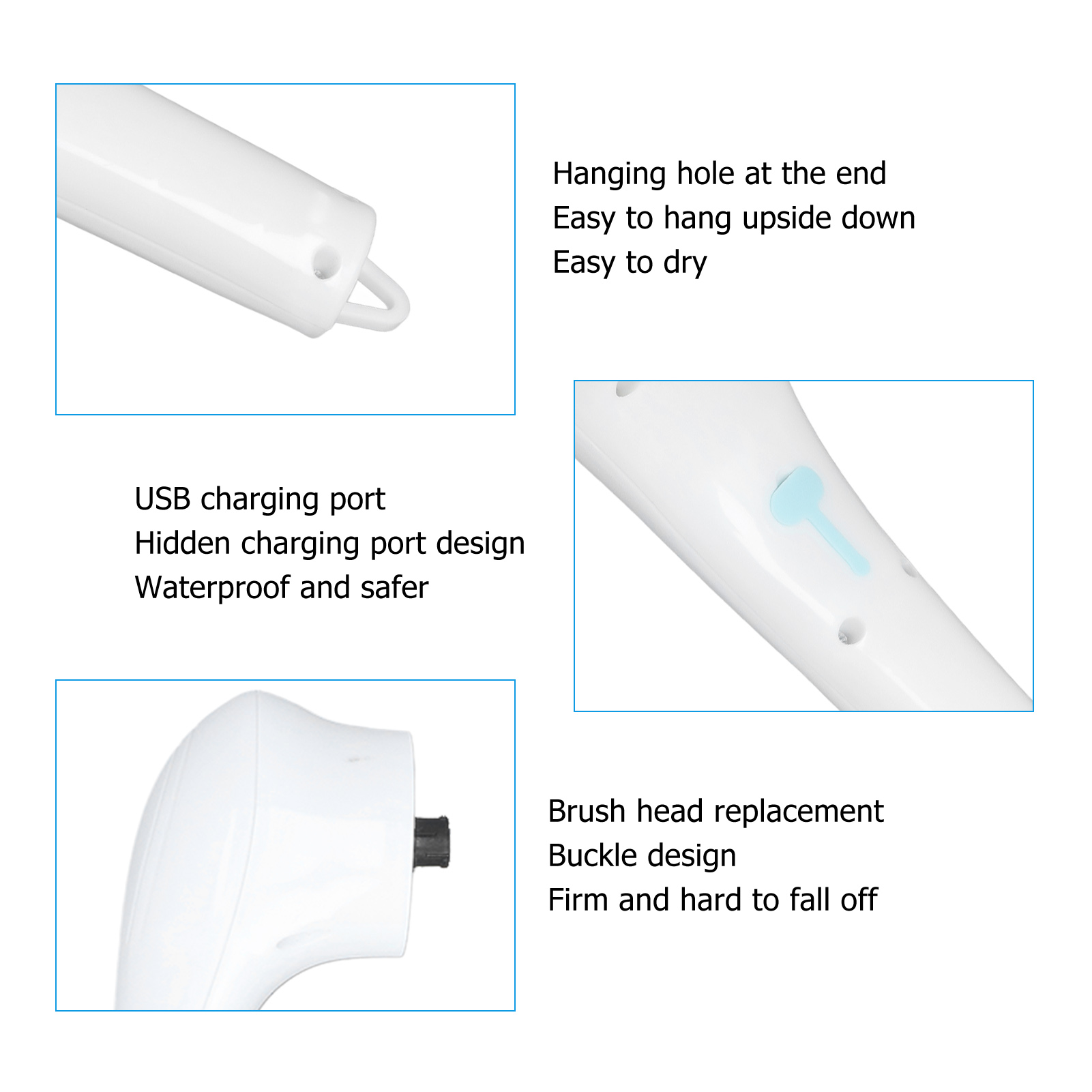 Nahaufnahme eines weißen Geräts mit beschrifteten Funktionen, USB-Anschluss, Ladeanschluss und Bürstenkopf.