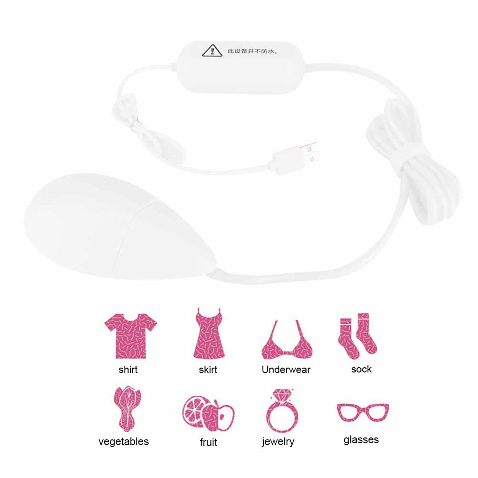 Weißes Gerät mit verschiedenen Produktsymbolen: Hemd, Rock, Unterwäsche, Socken, Gemüse, Obst, Schmuck, Brille.