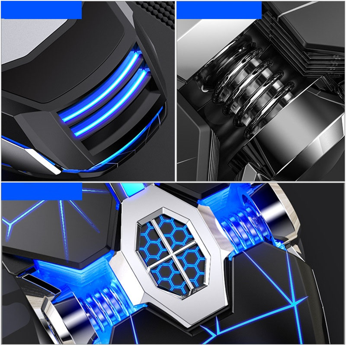 Nahaufnahme von schwarzen und blauen mechanischen Komponenten.