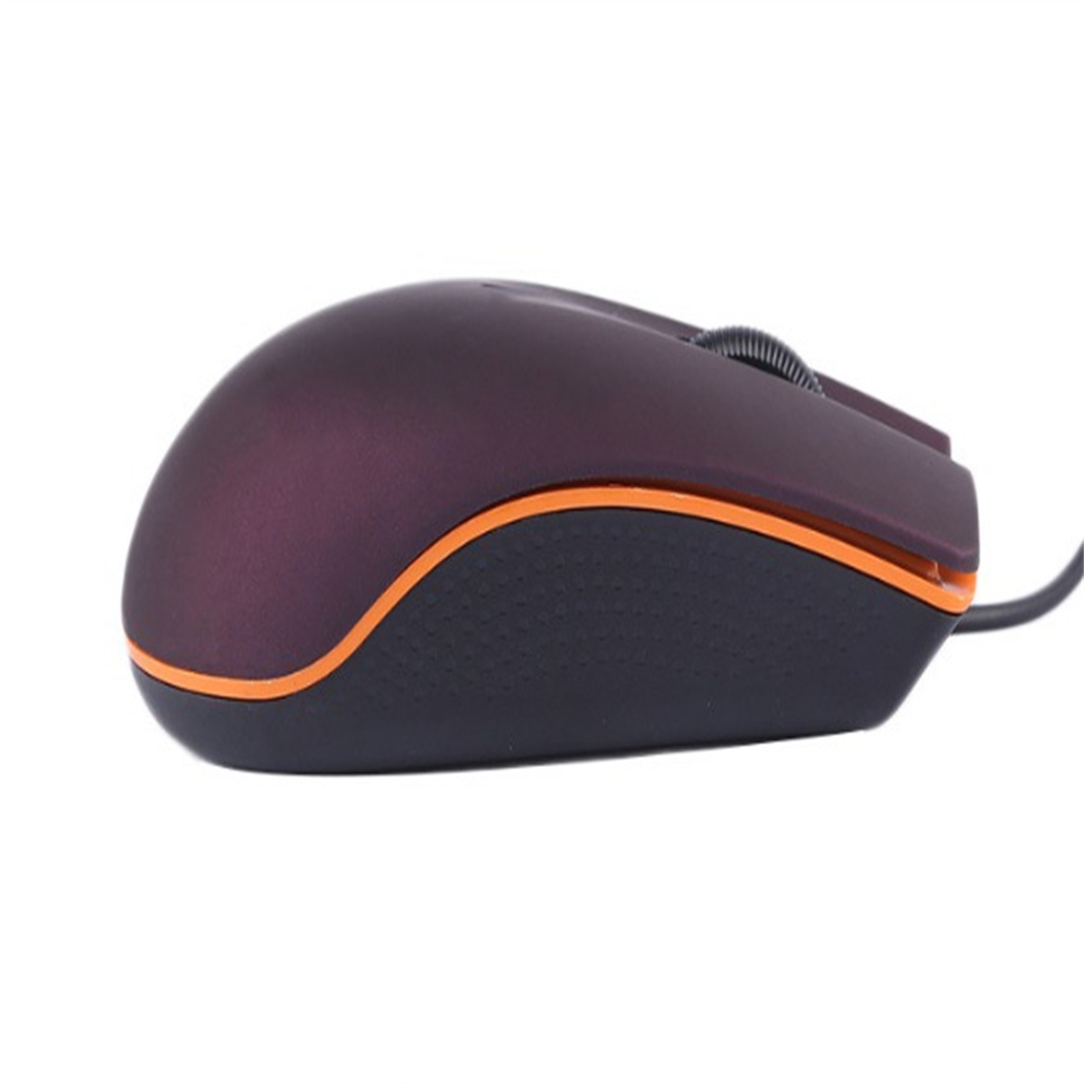 Eine dunkelviolette Computermaus mit orangefarbenem Rand. Sie hat ein Scrollrad und einen schwarzen Sockel.