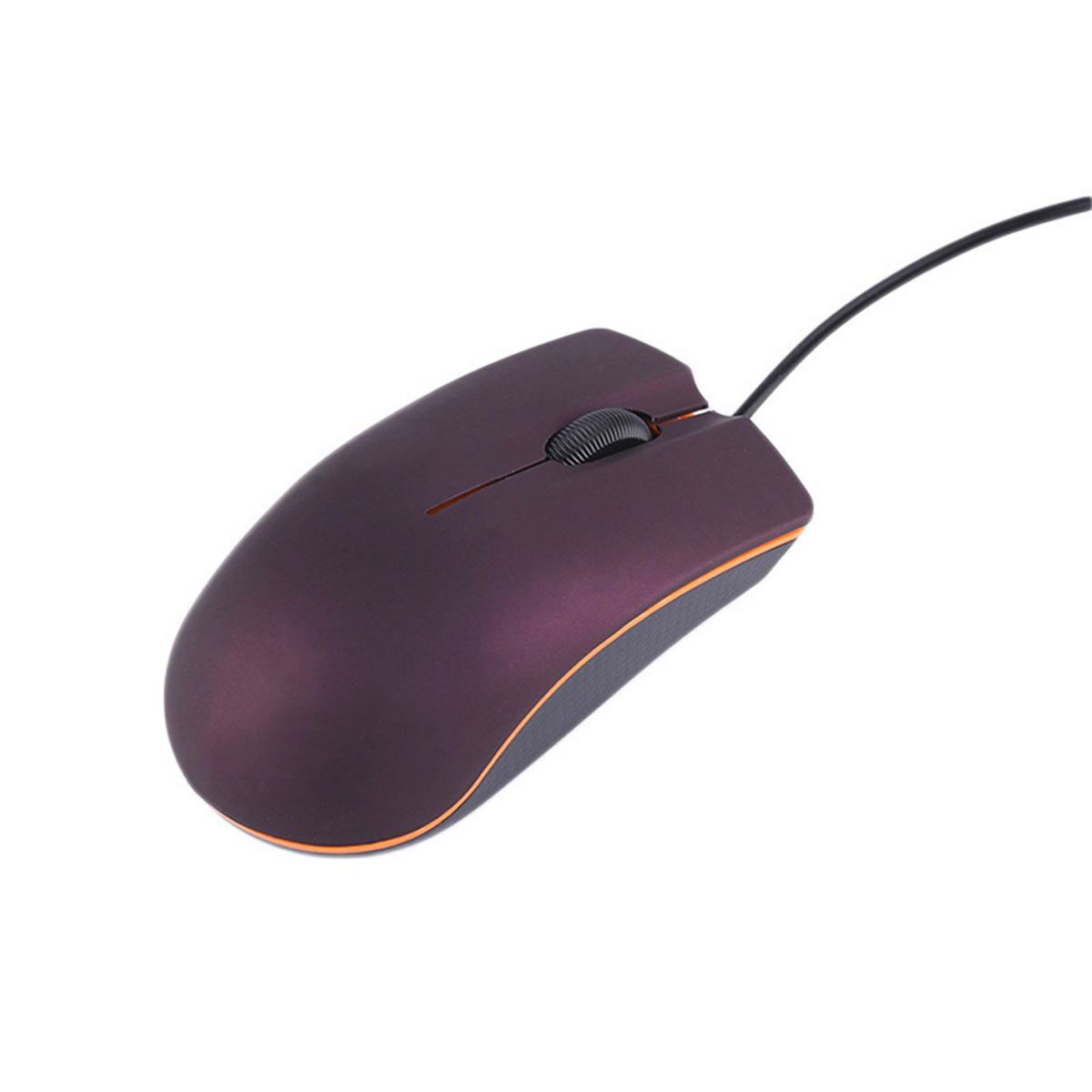 Lila Computermaus mit Scrollrad und orangefarbenen Akzenten. Weißer Hintergrund.