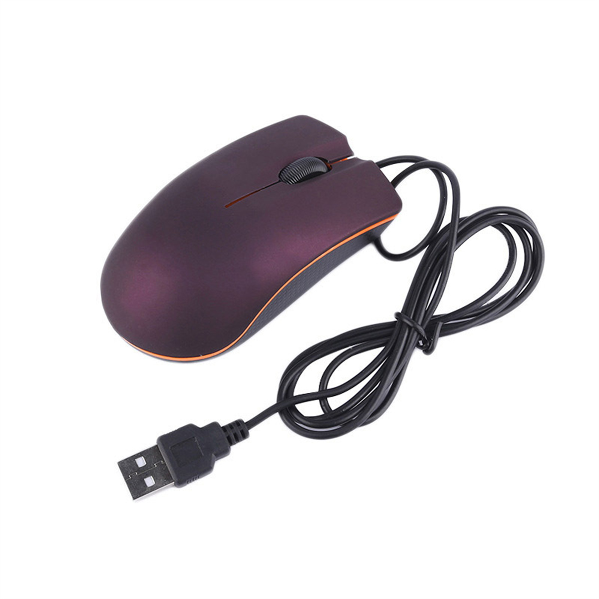 Eine lila Maus mit einem Scrollrad und angeschlossenem USB-Kabel, isoliert auf weißem Hintergrund.