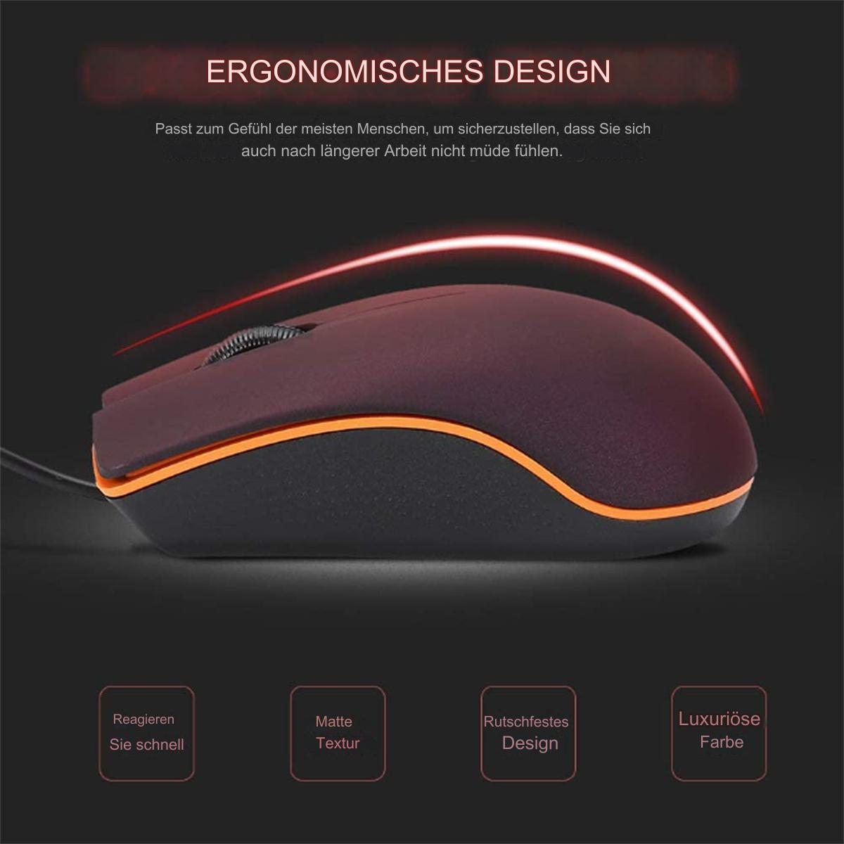 Ergonomische Maus mit dunkelroter Oberseite und orangefarbenen Akzenten auf dunkler Oberfläche.