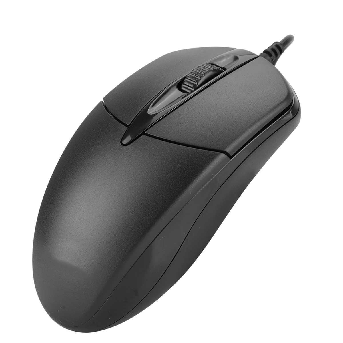 Eine schwarze Computermaus mit einem Scrollrad und einem Anschlusskabel.