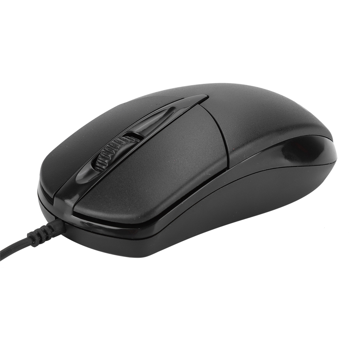 Eine schwarze Computermaus. Sie hat ein Scrollrad und ist mit einem Kabel verbunden.