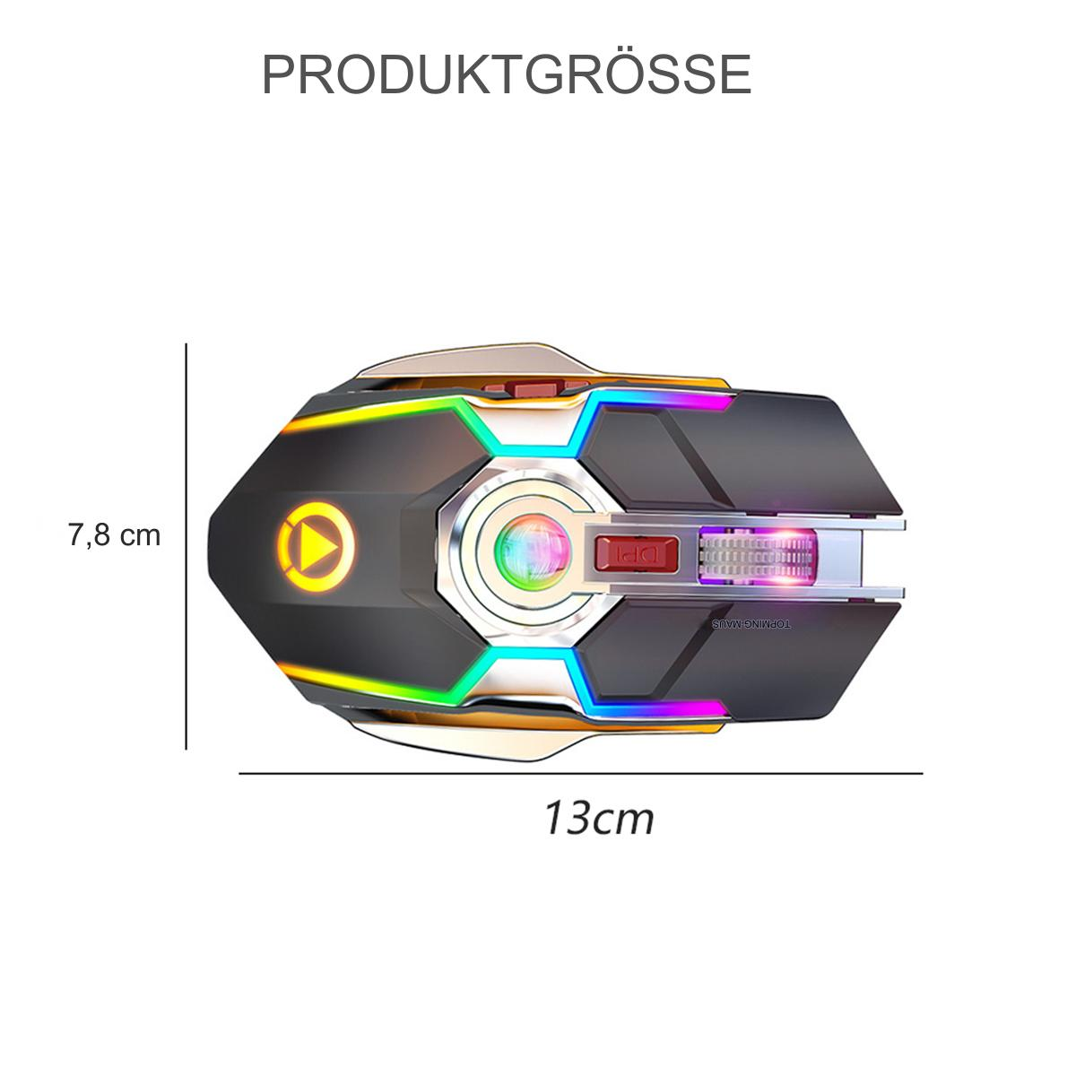 Eine schwarze Gaming-Maus mit RGB-Beleuchtung, Abmessungen 13cm x 7,8cm. Sie hat ein Rad und Tasten.