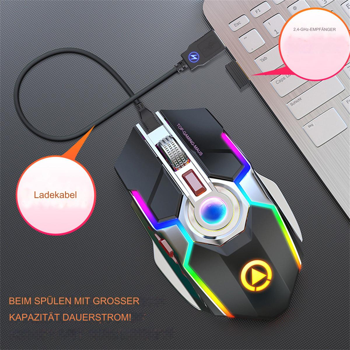 Eine Gaming-Maus mit mehrfarbigen Lichtern, die über ein schwarzes Kabel mit einem Laptop verbunden ist.