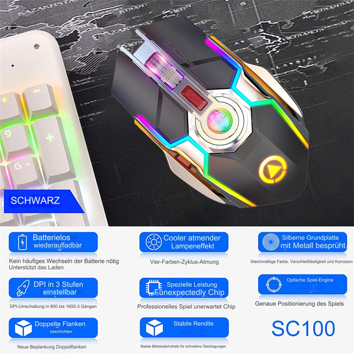 Gaming-Maus mit mehreren Farben und Tasten, mit einer weißen Tastatur links.
