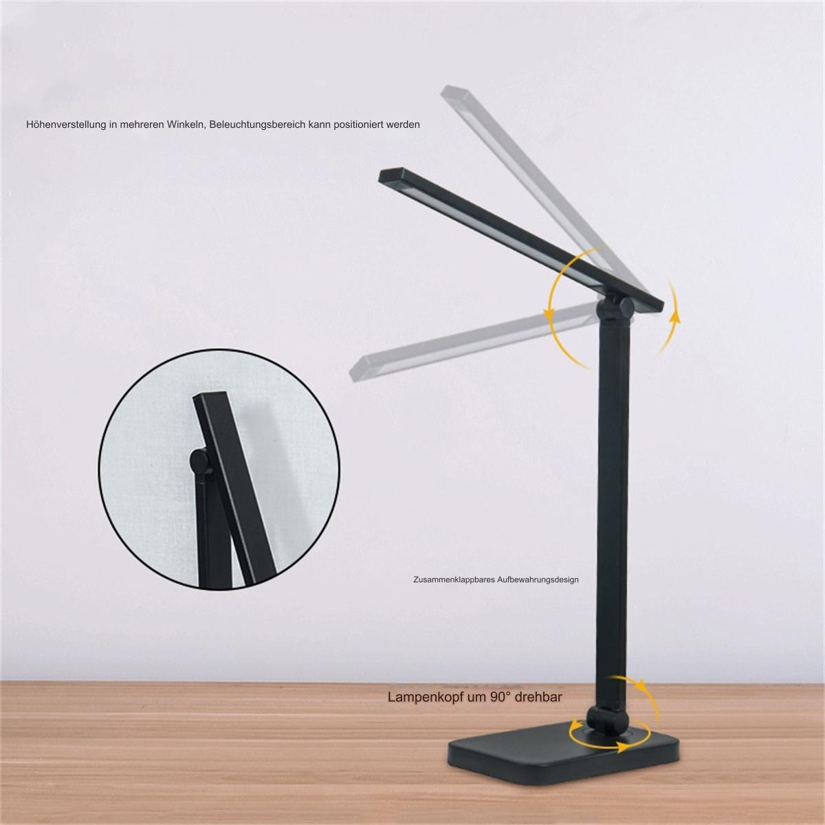 Eine schwarze Schreibtischlampe mit verstellbarem Kopf und Sockel.