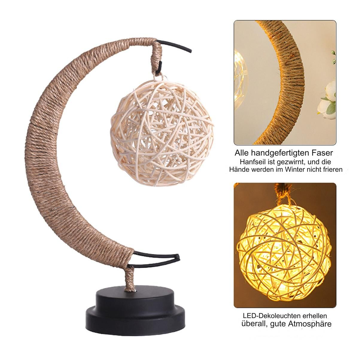 Eine dekorative Lampe mit gewebtem Ball auf einem gebogenen Ständer. Text auf Deutsch.