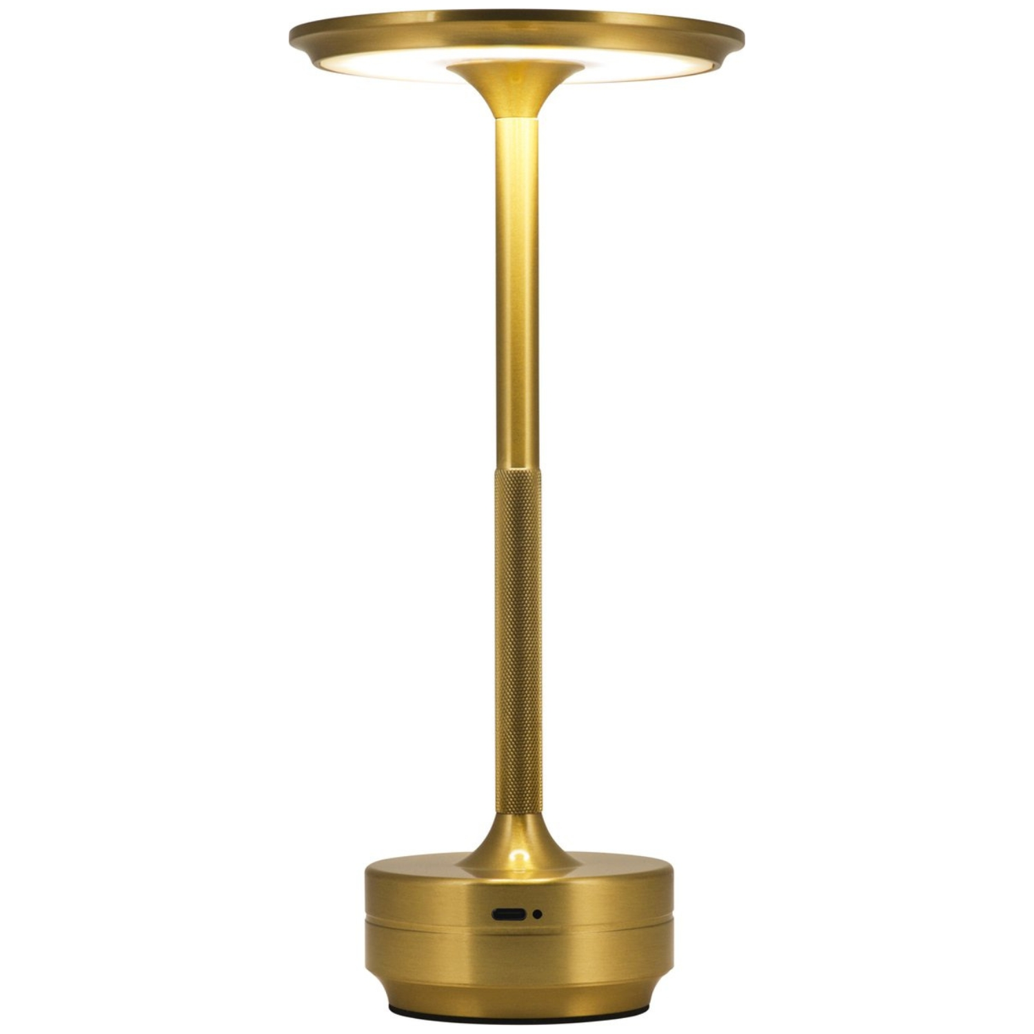 Goldfarbene Tischlampe mit zylindrischem Körper, rundem Oberteil und kleinem Sockel. Weißer Hintergrund.