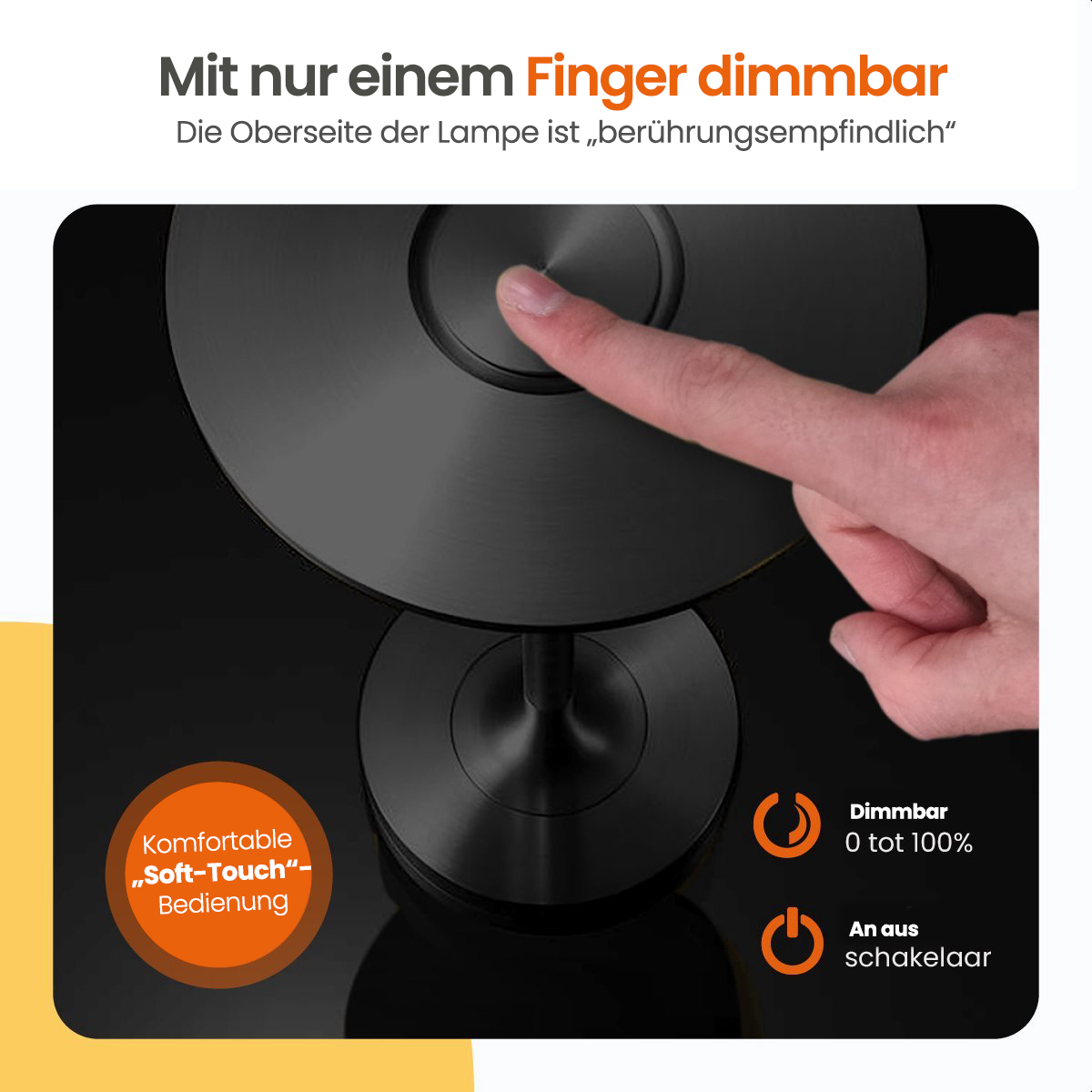 Schwarze Lampe mit berührungsempfindlicher Oberseite. Orangefarbener Text zu Funktionen.