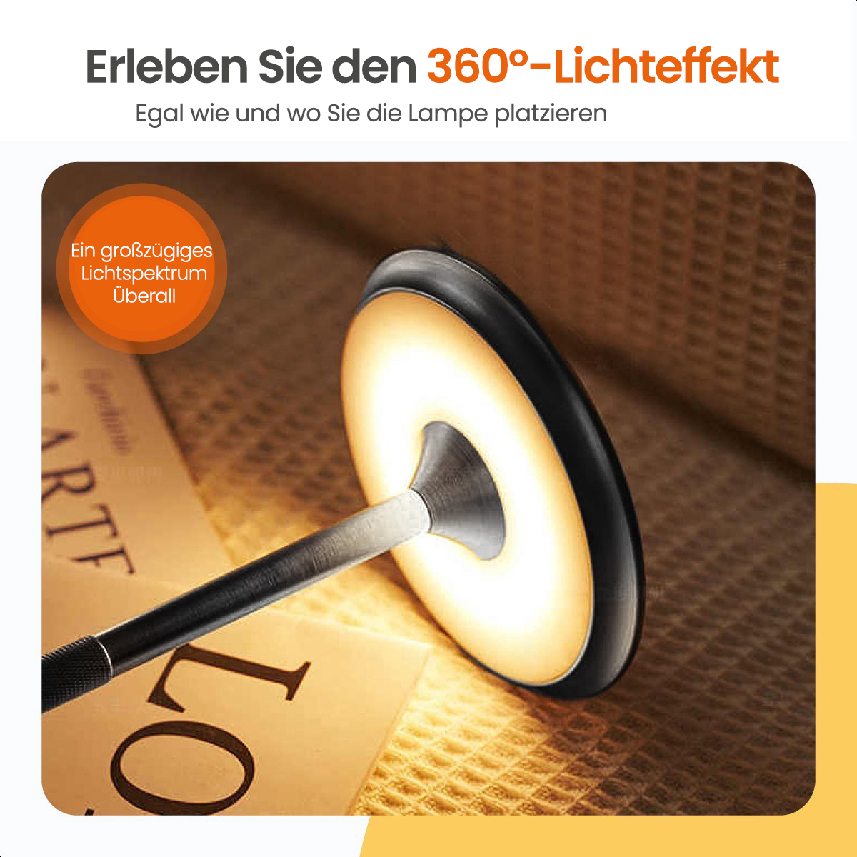 Eine moderne Lampe mit 360°-Lichteffekt auf einer strukturierten Oberfläche.