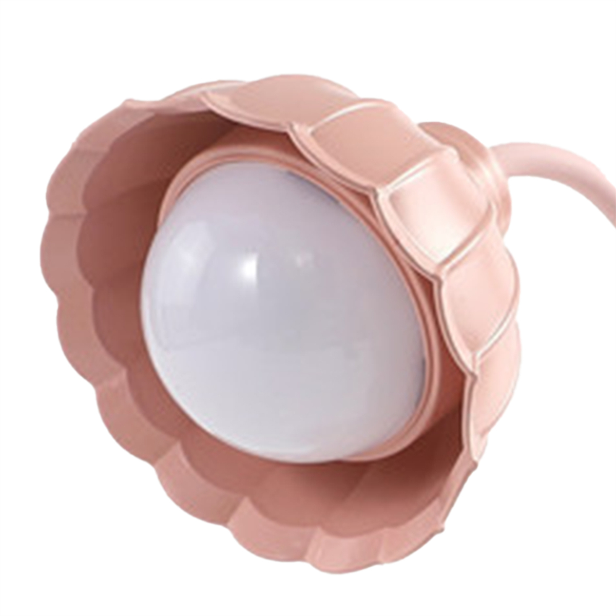 Eine rosa blütenförmige Lampe mit einer weißen Glühbirne in der Mitte, von oben betrachtet.