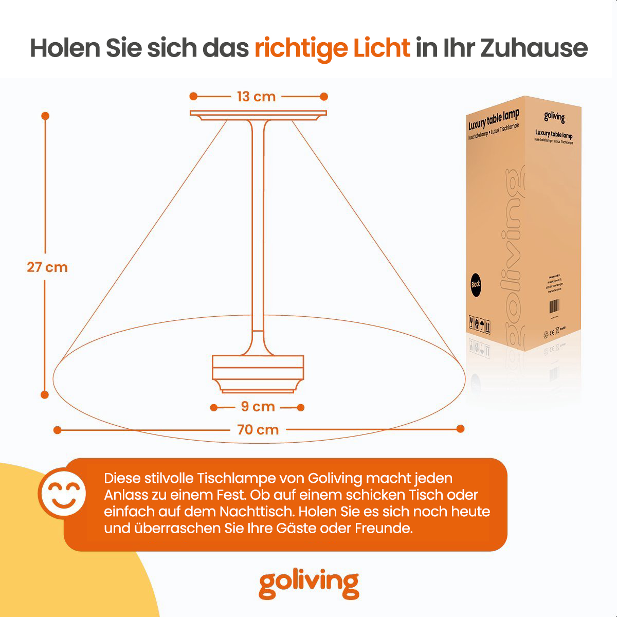 Diagramm einer Tischlampe mit Abmessungen und einer Box. Text auf Deutsch.