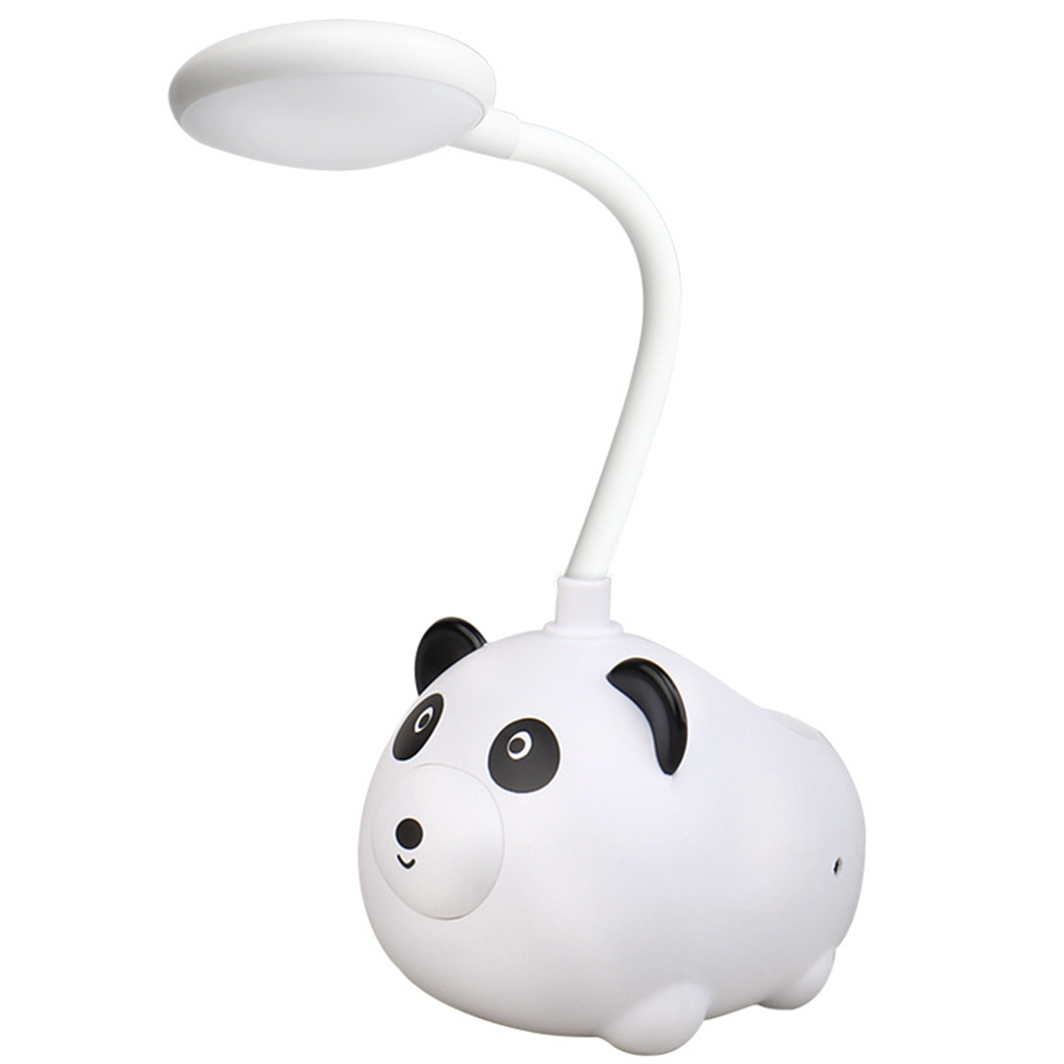 Weiße Schreibtischlampe in Panda-Form mit verstellbarem Hals und rundem Licht.