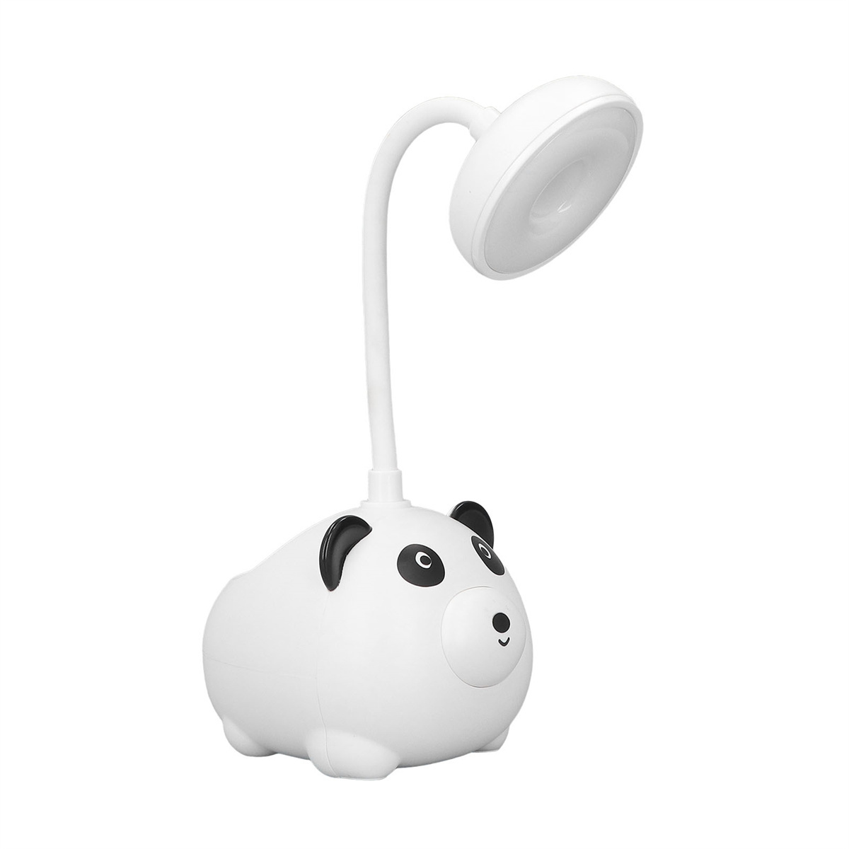 Weiße Schreibtischlampe in Pandaform mit gebogenem Hals und rundem Licht.